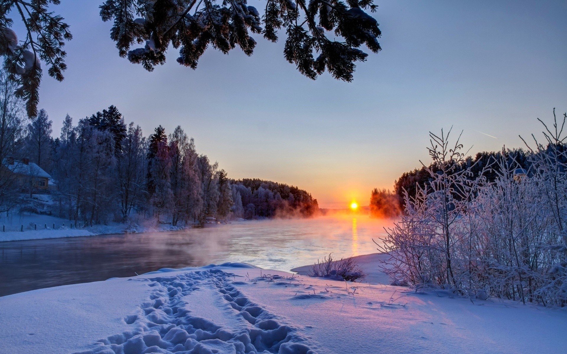 Winter sunrise over a frozen river with snow-covered trees HD Wallpaper