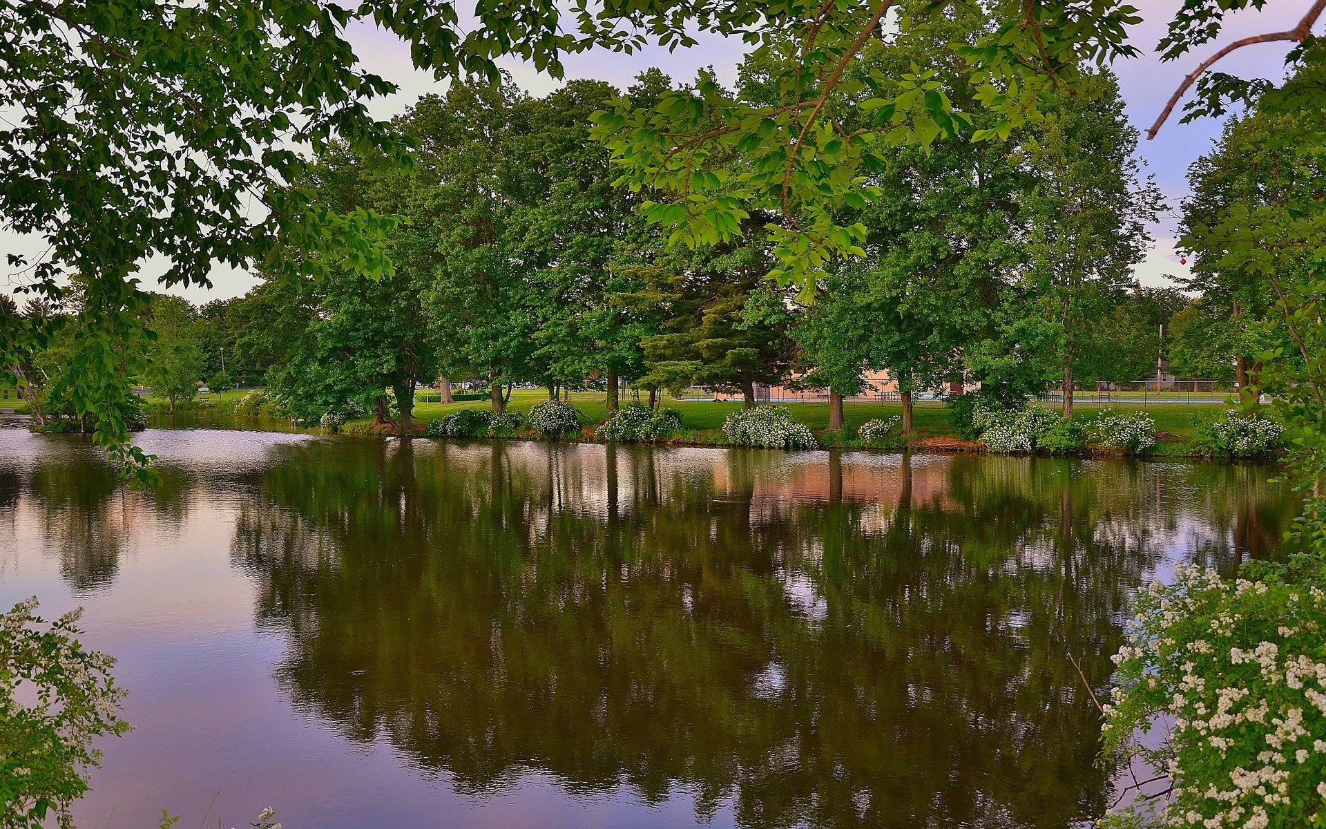 Serene Lakeside Landscape with Reflective Water and Lush Trees HD Wallpaper