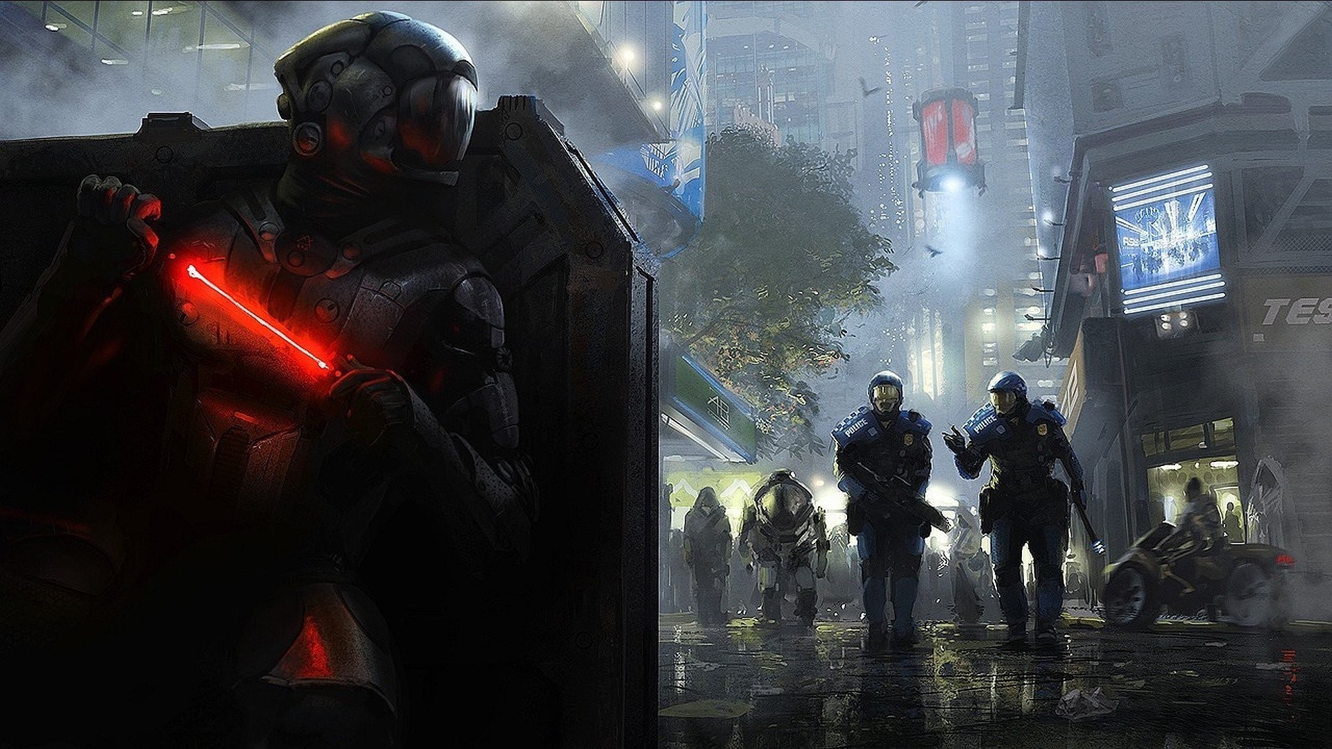 Soldier with laser weapon in futuristic city HD Wallpaper