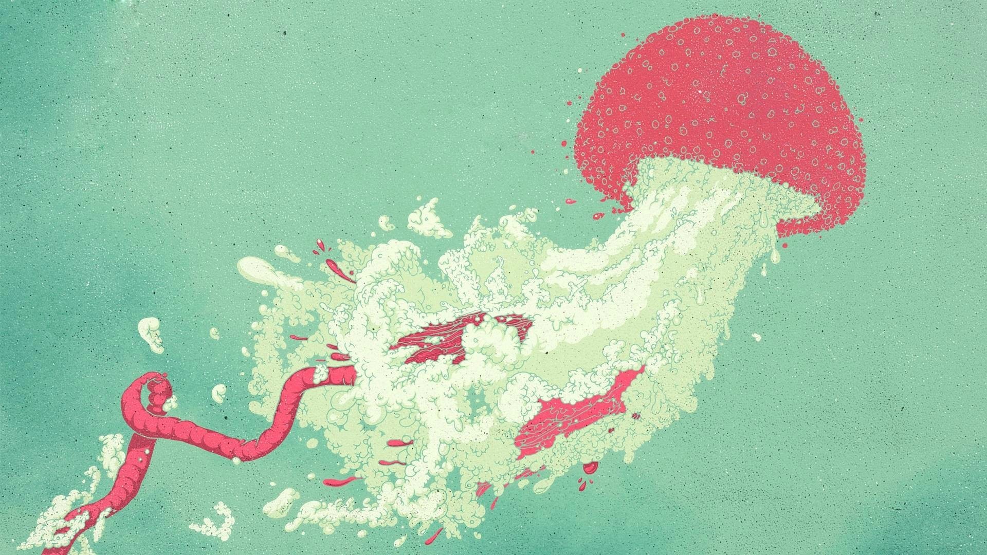 Illustration of a stylized jellyfish with a red body and white tentacles HD Wallpaper