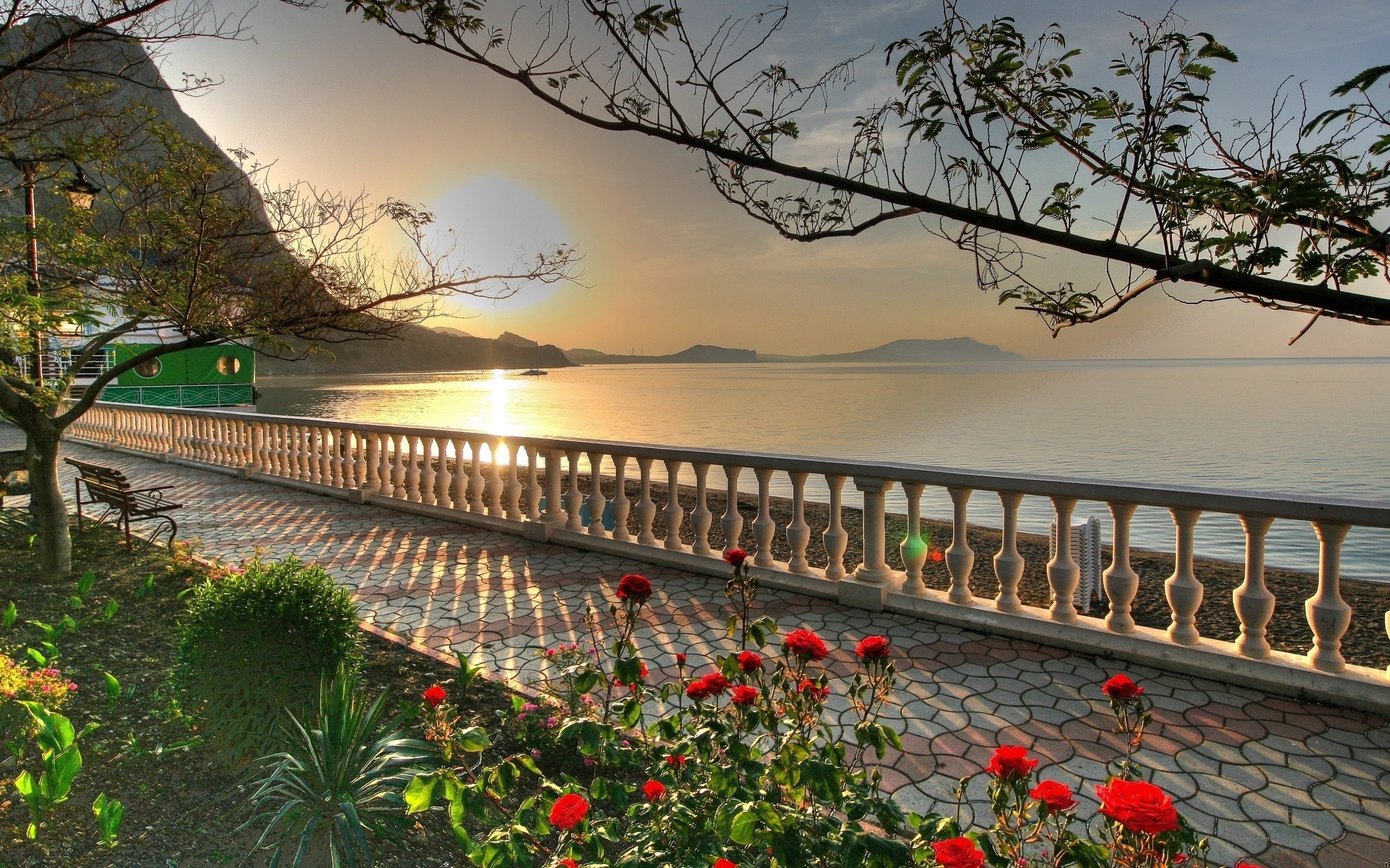 Seaside promenade with roses and a mountain at sunrise HD Wallpaper