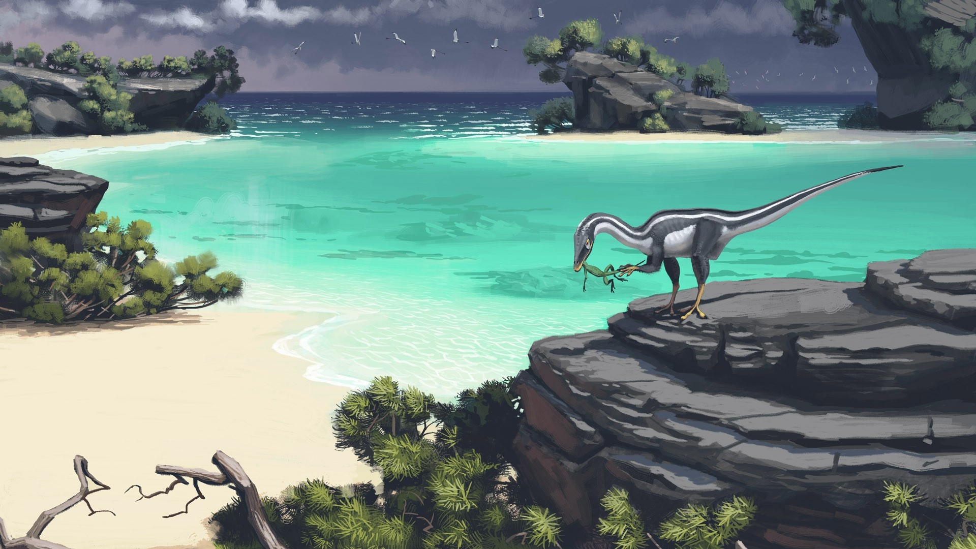 Dinosaur eating a frog on a rocky coast HD Wallpaper
