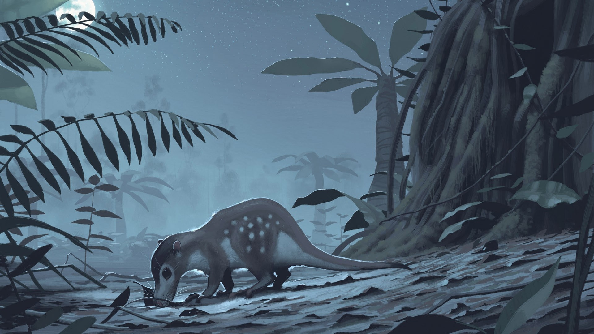 Illustration of a prehistoric mammal in a moonlit forest HD Wallpaper