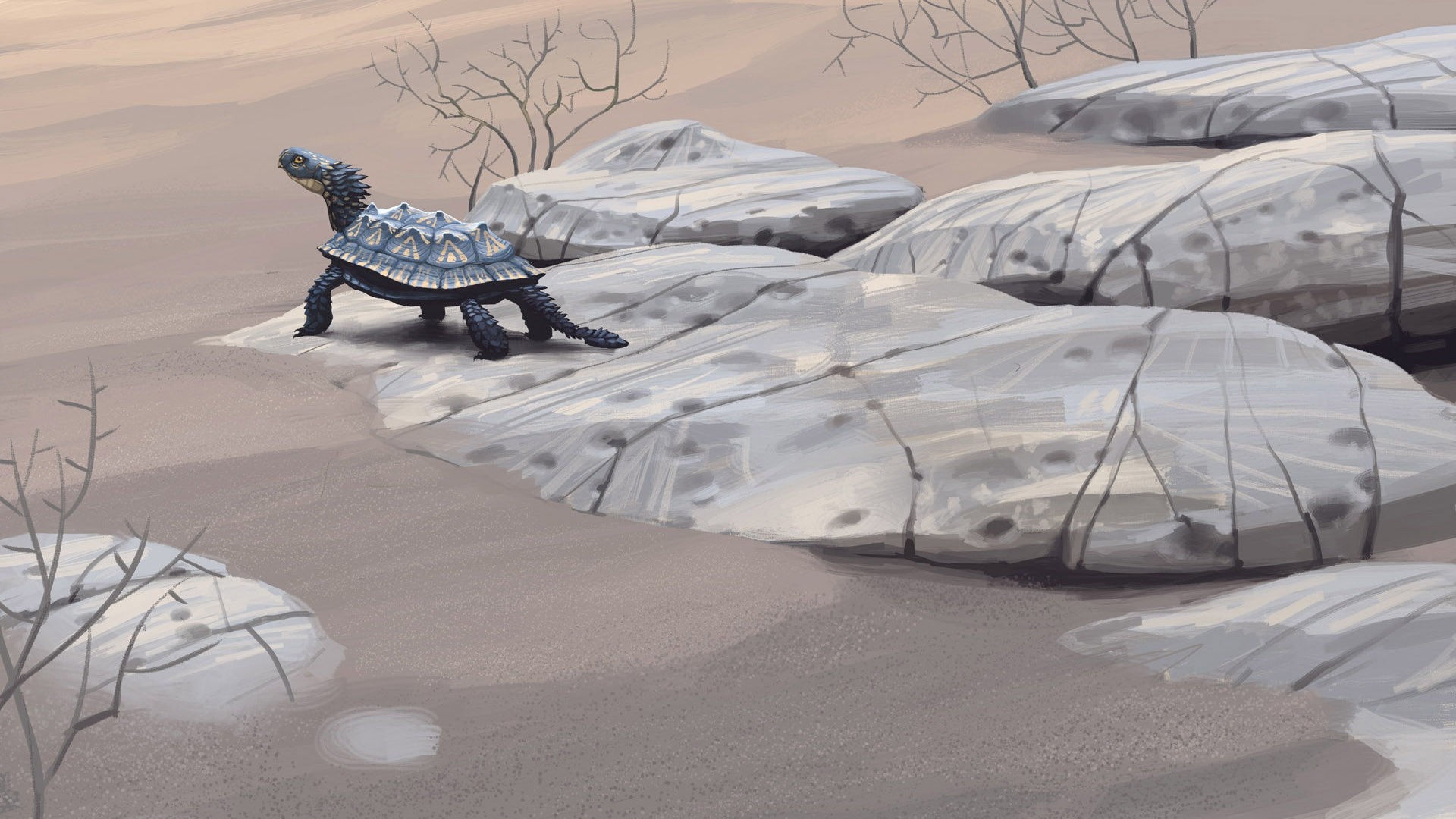 A dinosaur walks on rocks in a desert landscape HD Wallpaper