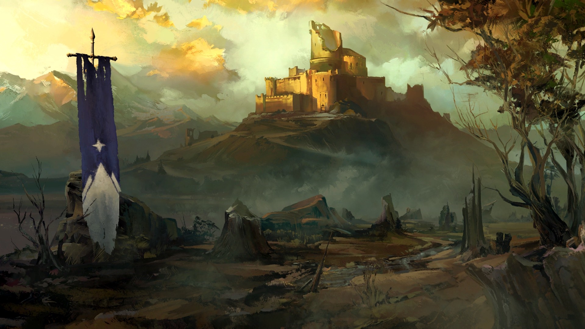 Fantasy castle on a hill with a banner HD Wallpaper