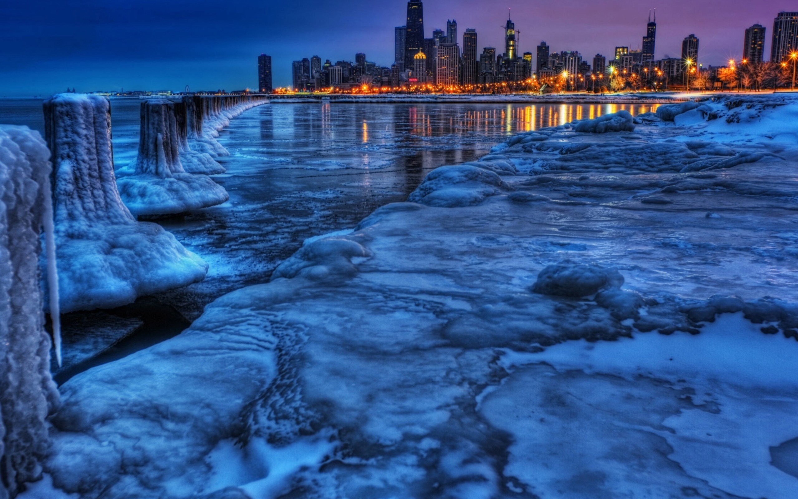 Chicago cityscape at dusk with frozen lakefront HD Wallpaper