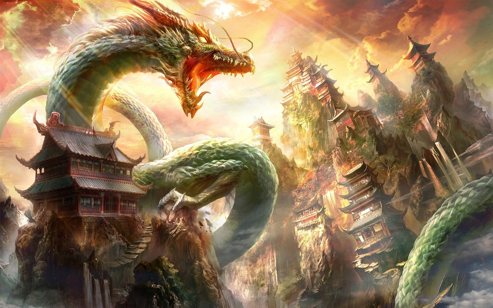 Dragon guarding ancient Chinese temples on mountains HD Wallpaper