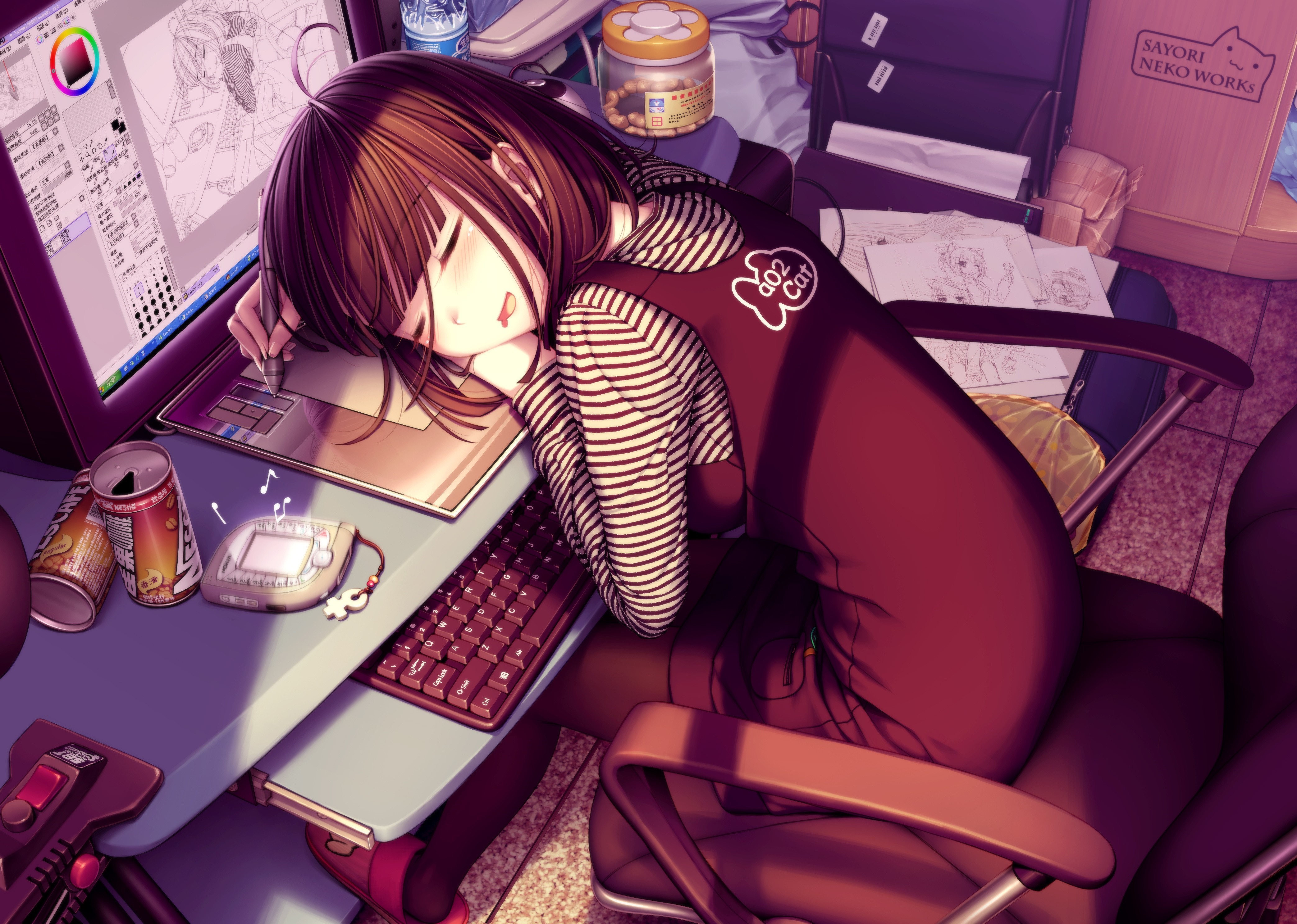 Anime girl sleeping at desk with drawing tablet HD Wallpaper