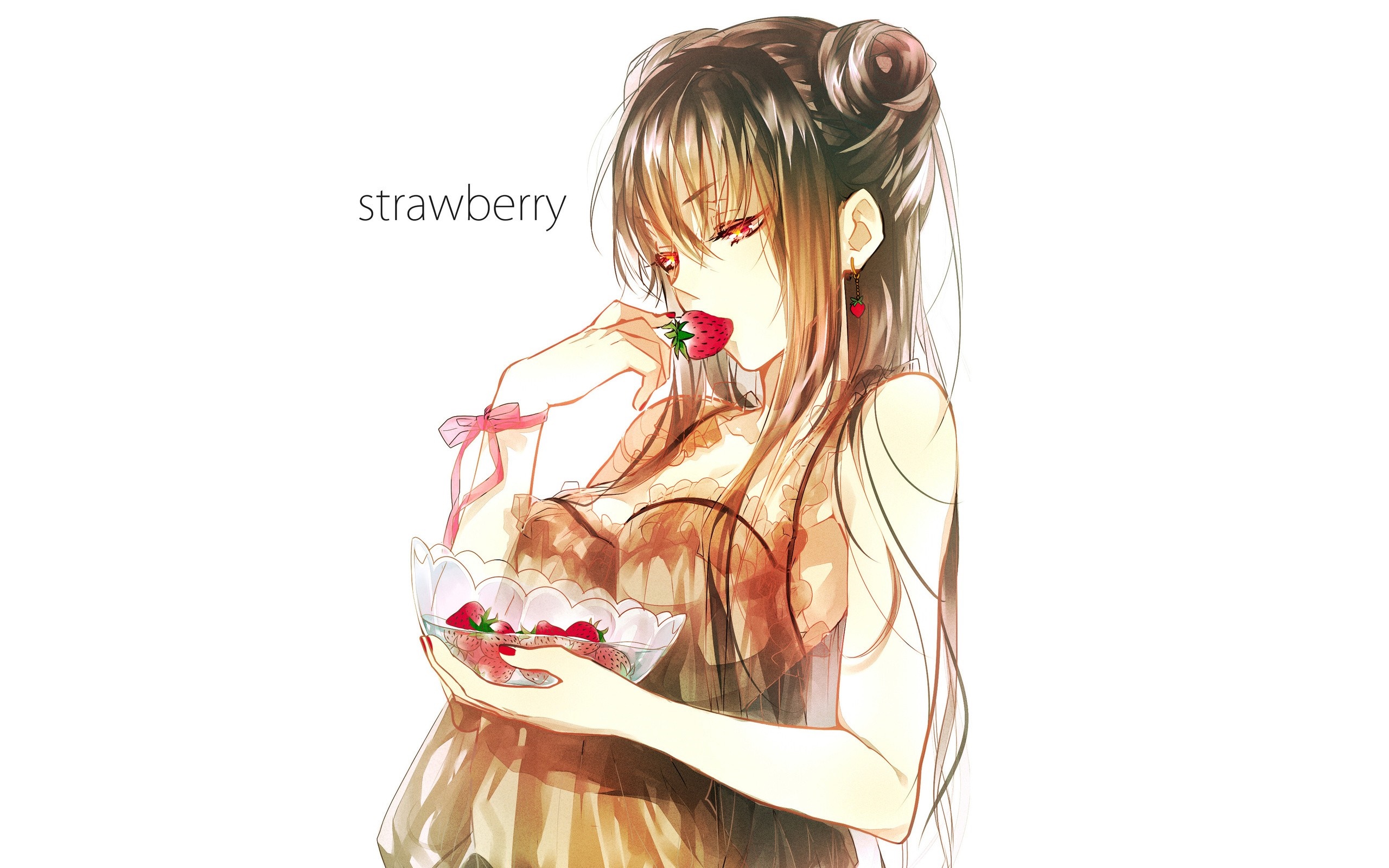 Anime girl eating strawberries from a bowl HD Wallpaper