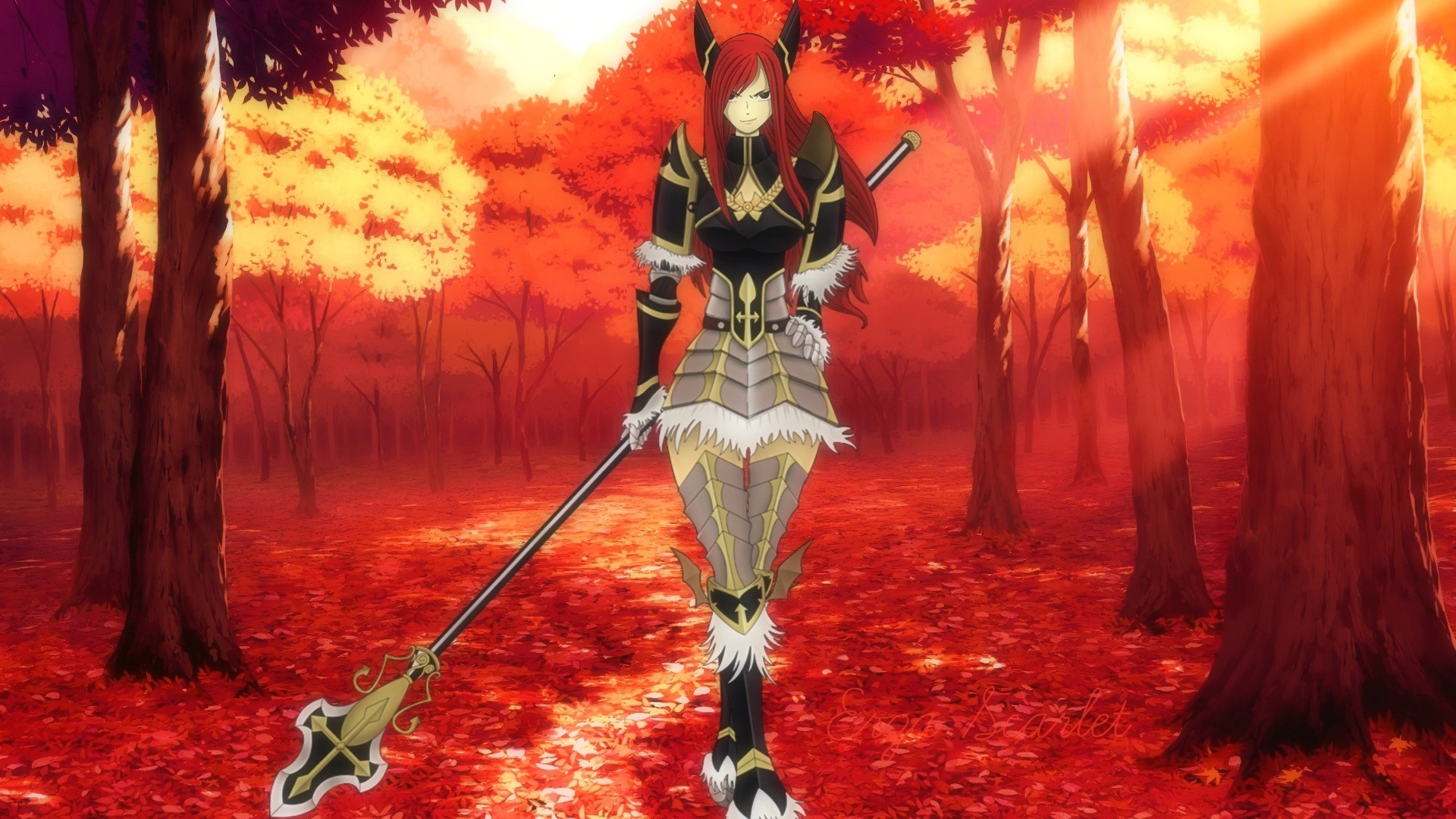 Erza Scarlet from Fairy Tail in an autumn forest HD Wallpaper