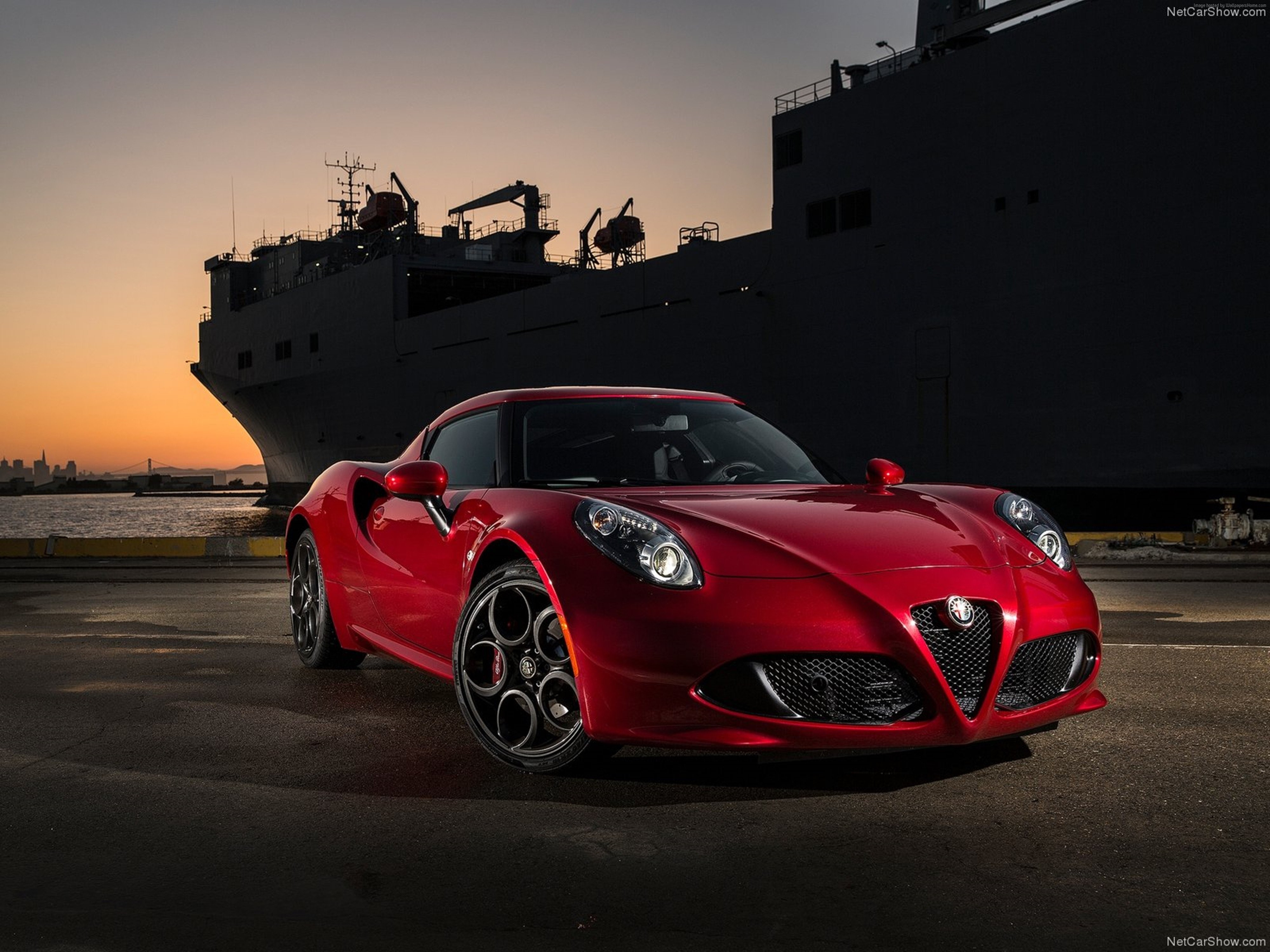Red Alfa Romeo 4C Coupe by a Ship HD Wallpaper