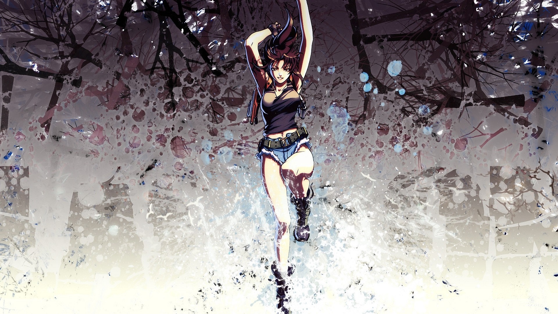Revy from Black Lagoon running in a snowy environment HD Wallpaper