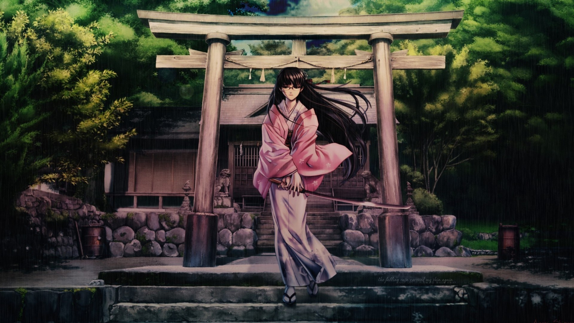 Anime girl with sword in front of shrine HD Wallpaper