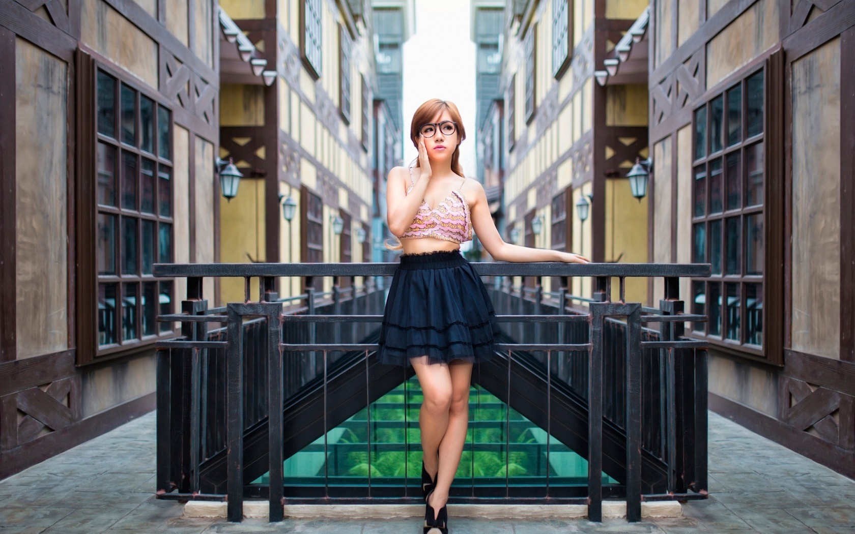 Woman in Glasses Wearing Black Skirt and Pink Top HD Wallpaper