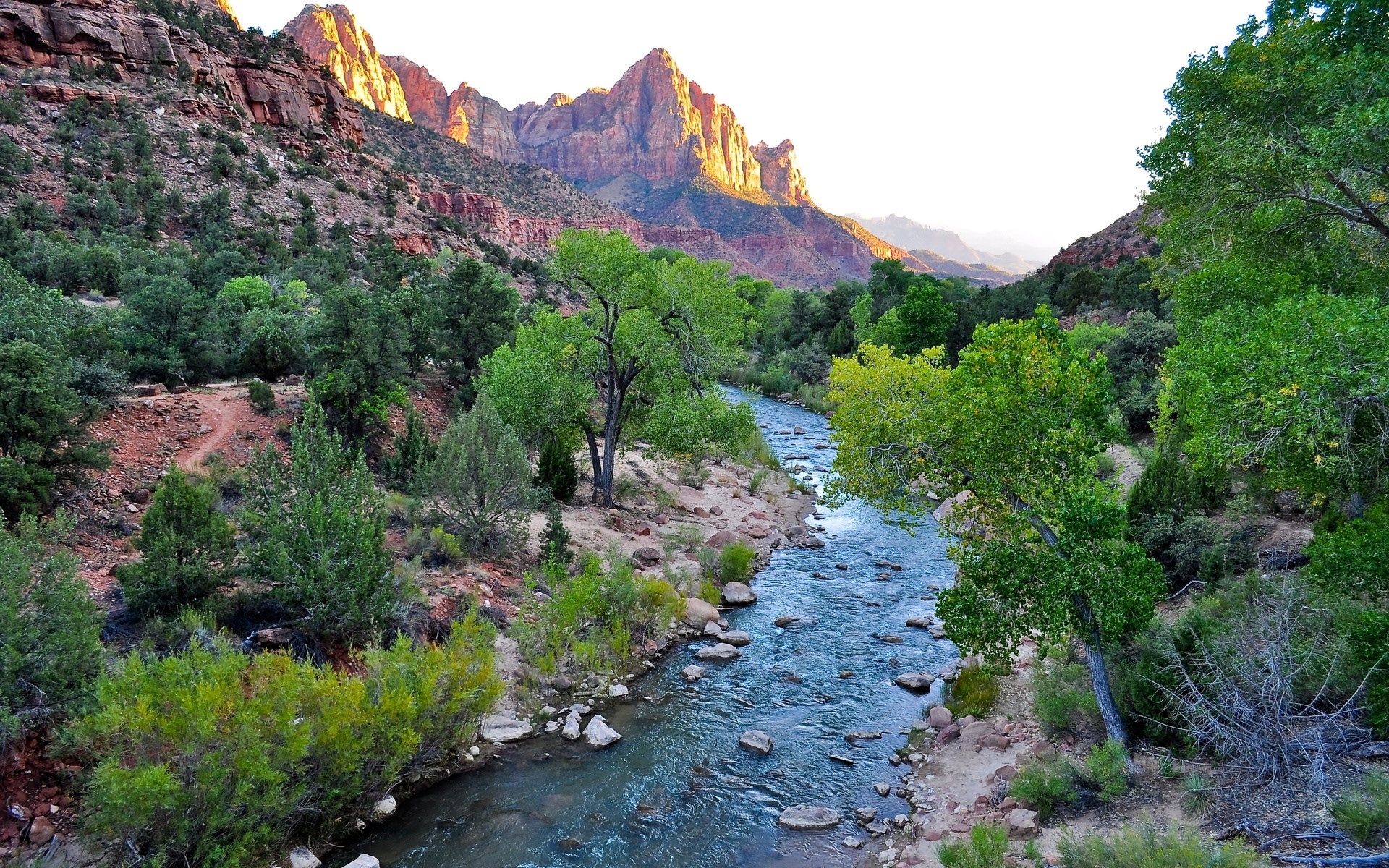 River flowing through a canyon with mountains HD Wallpaper