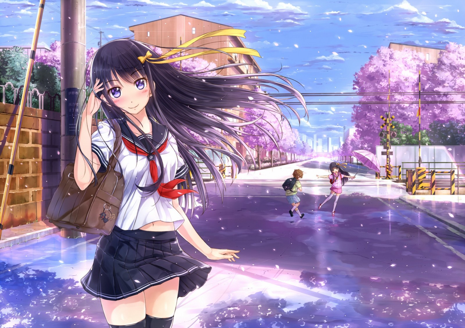 Anime girl in school uniform walking on street with cherry blossoms HD Wallpaper