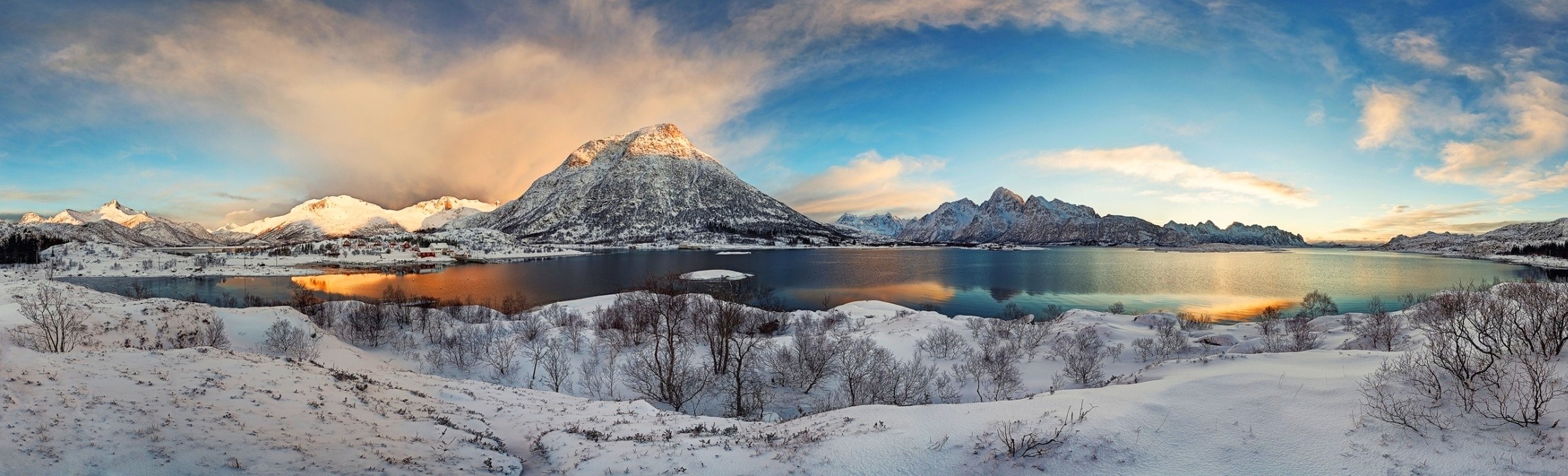 Snowy mountains and fjord in Lofoten, Norway HD Wallpaper