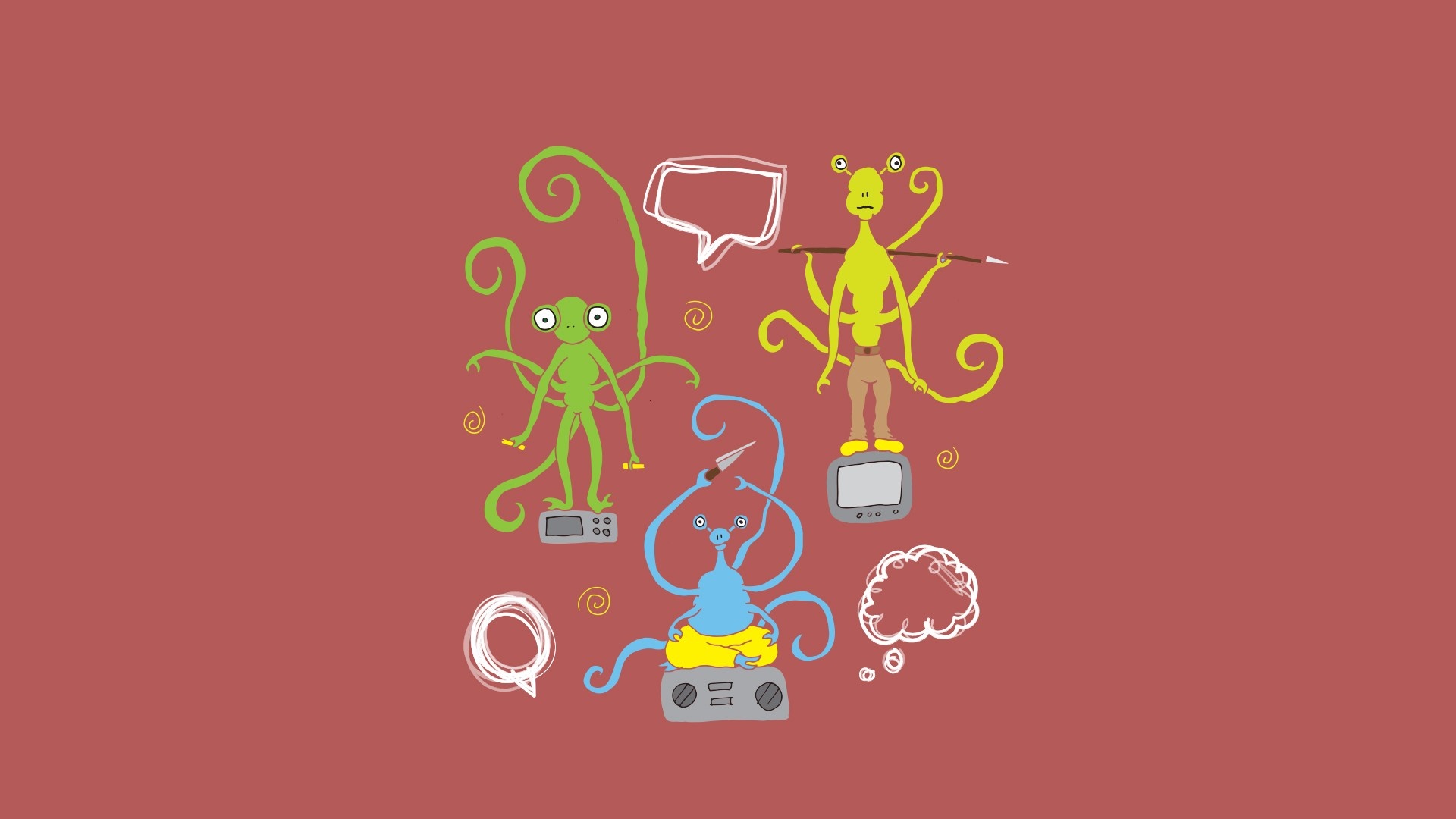 Three cartoon aliens with speech bubbles and objects HD Wallpaper