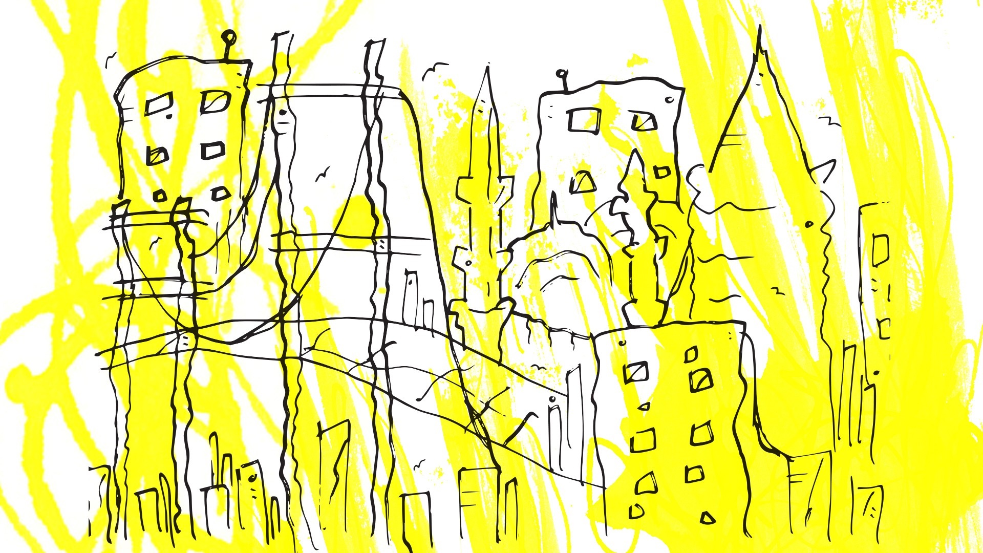 Abstract cityscape with yellow watercolor splashes HD Wallpaper