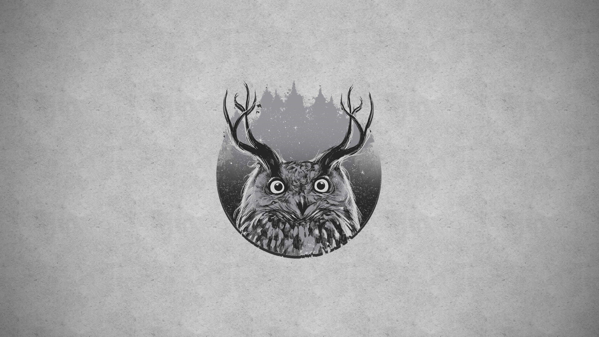 Monochrome illustration of an owl with antlers HD Wallpaper
