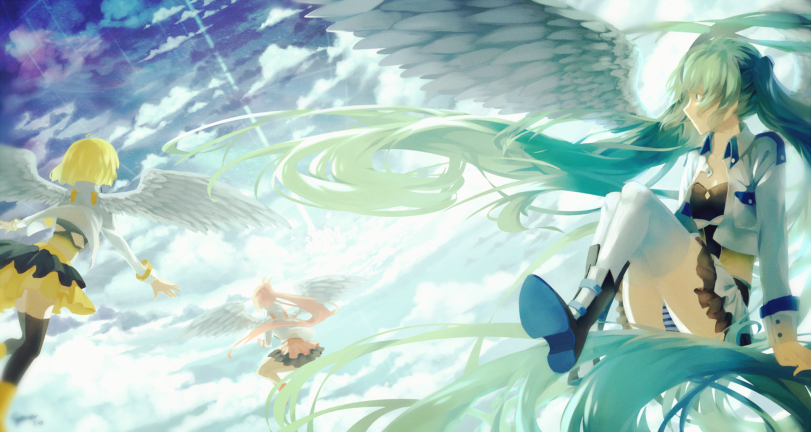 Hatsune Miku and friends with wings in the sky HD Wallpaper