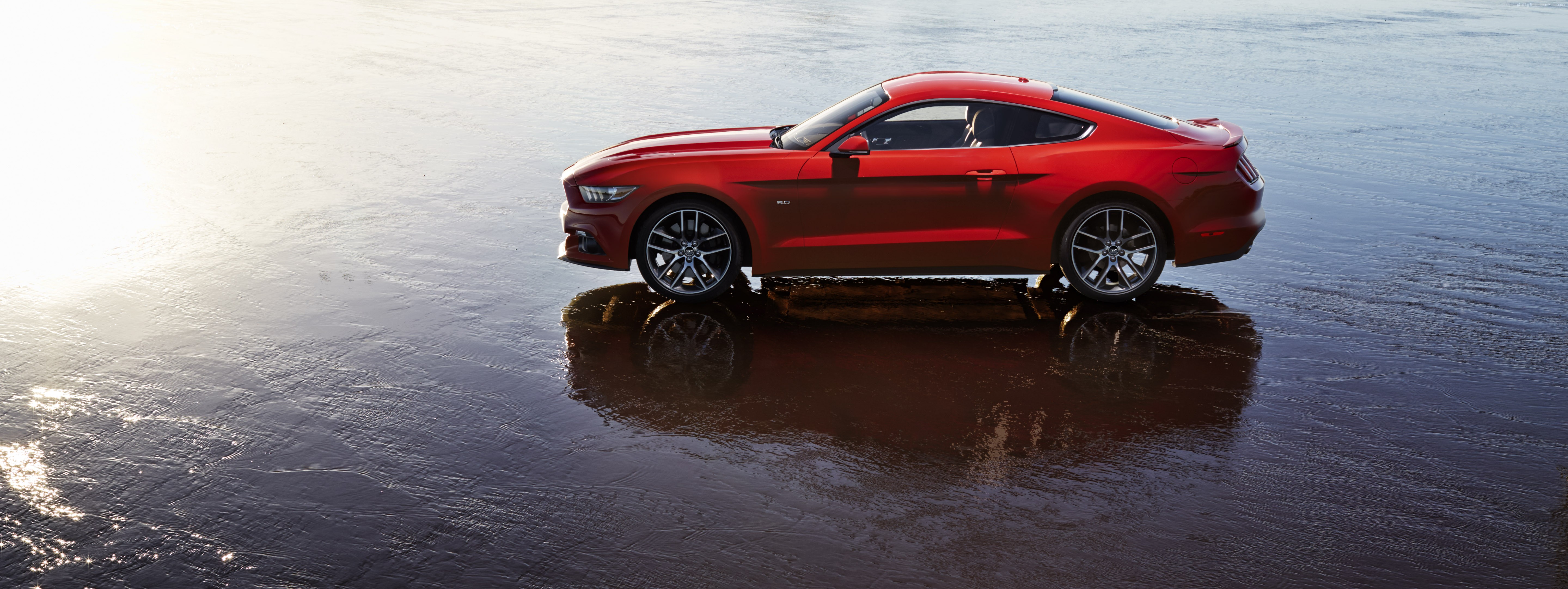 Red Ford Mustang coupe on wet ground HD Wallpaper