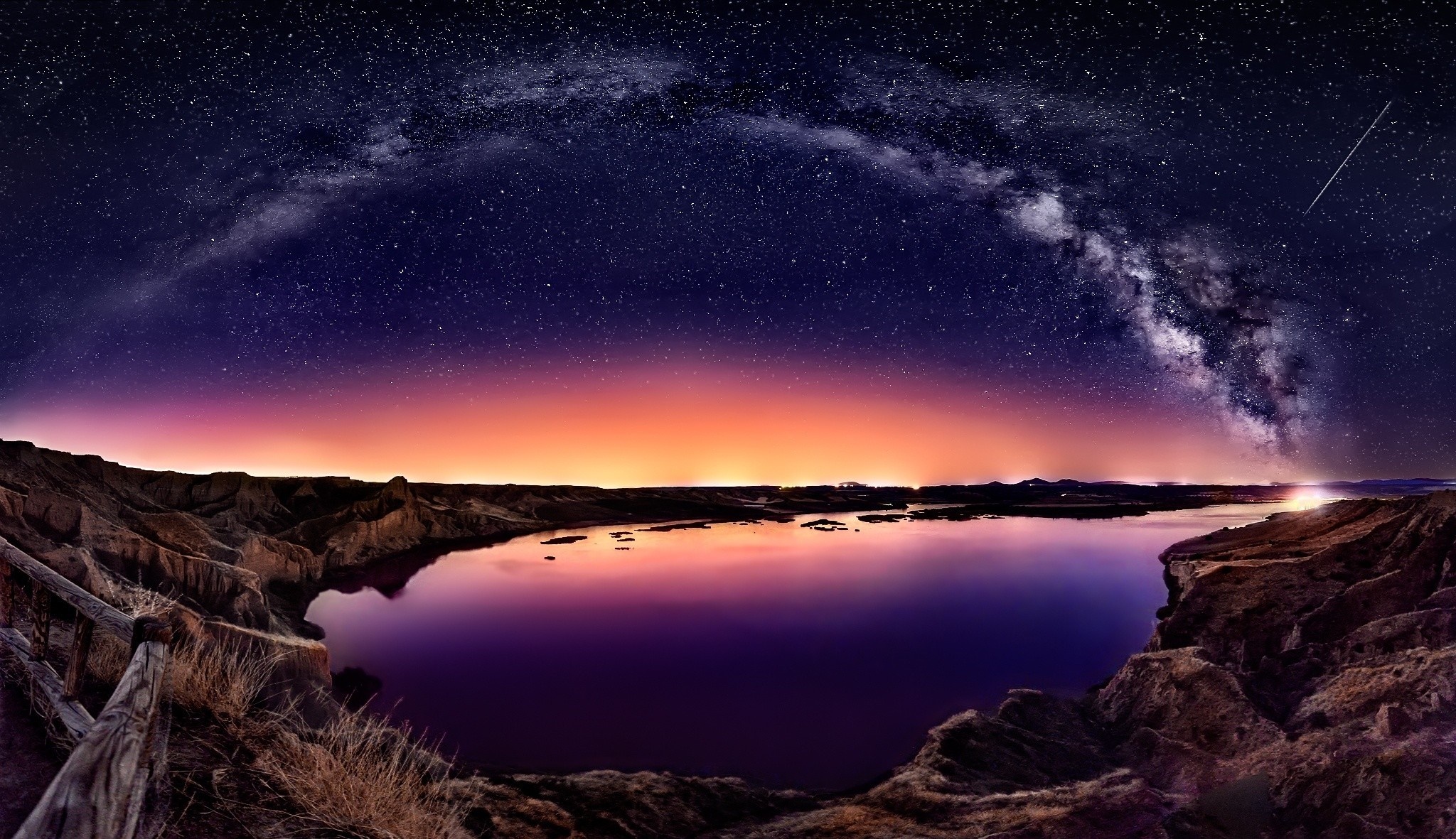 Milky Way over a lake at dusk with a fence HD Wallpaper