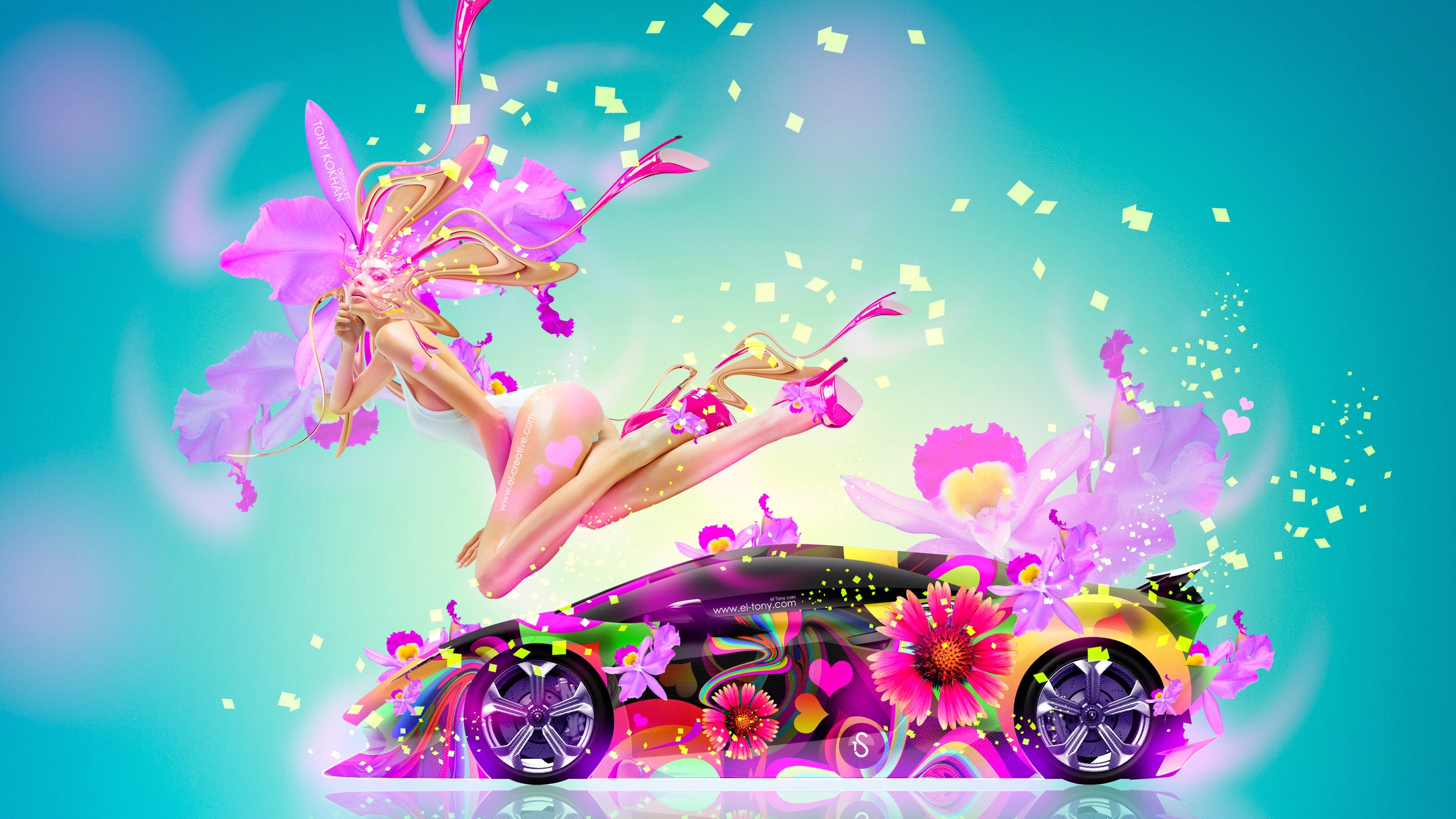 Woman and colorful Lamborghini with flowers HD Wallpaper