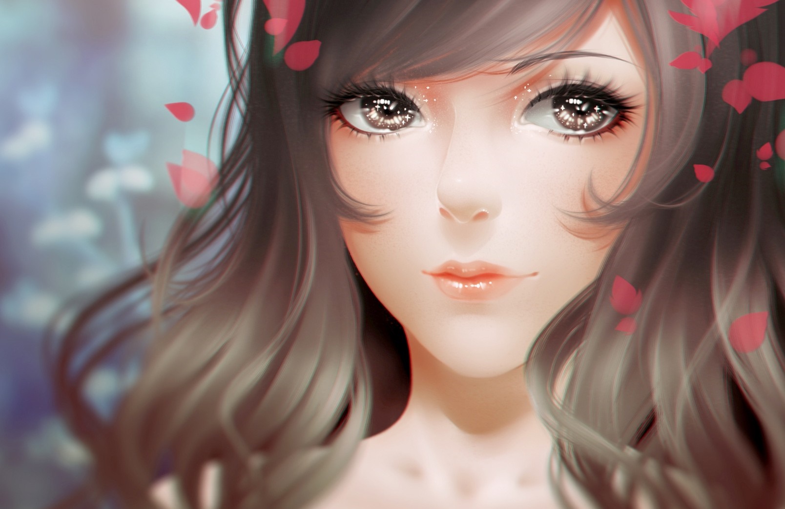 Anime girl with brown hair and brown eyes with petals HD Wallpaper