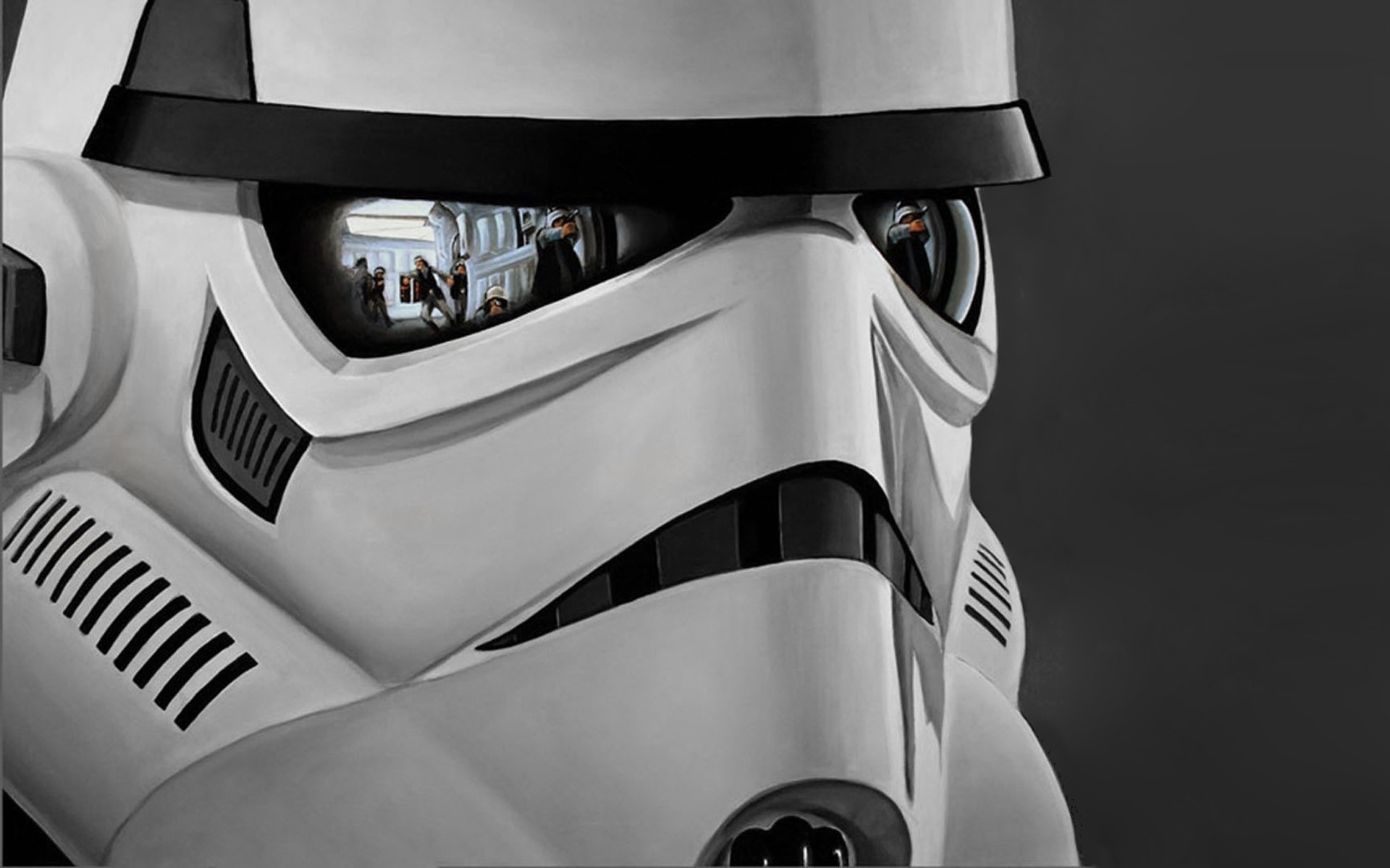 Stormtrooper helmet reflecting a street scene HD Wallpaper