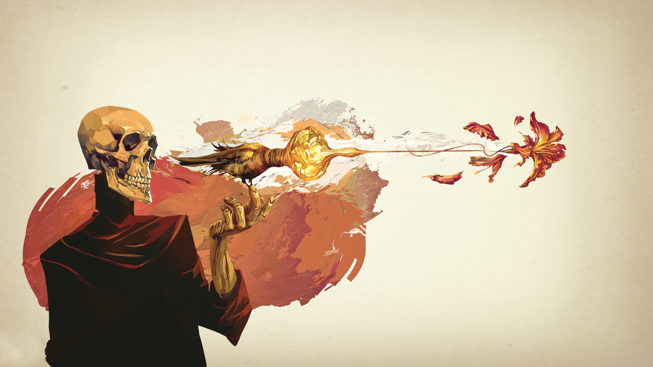 Skeleton holding a bird that shoots fire at a flower HD Wallpaper