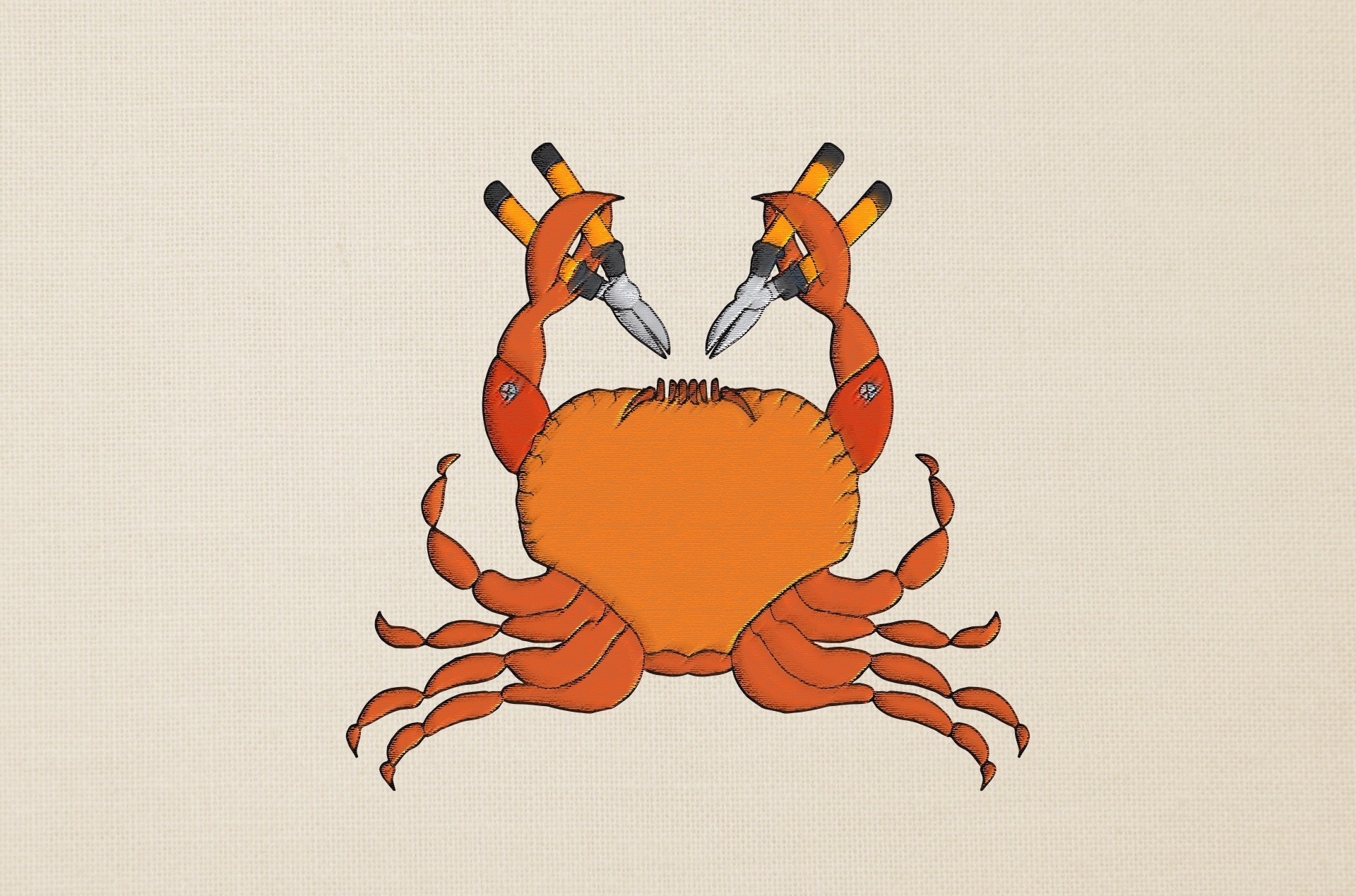 Illustration of a crab with pliers and pencils HD Wallpaper