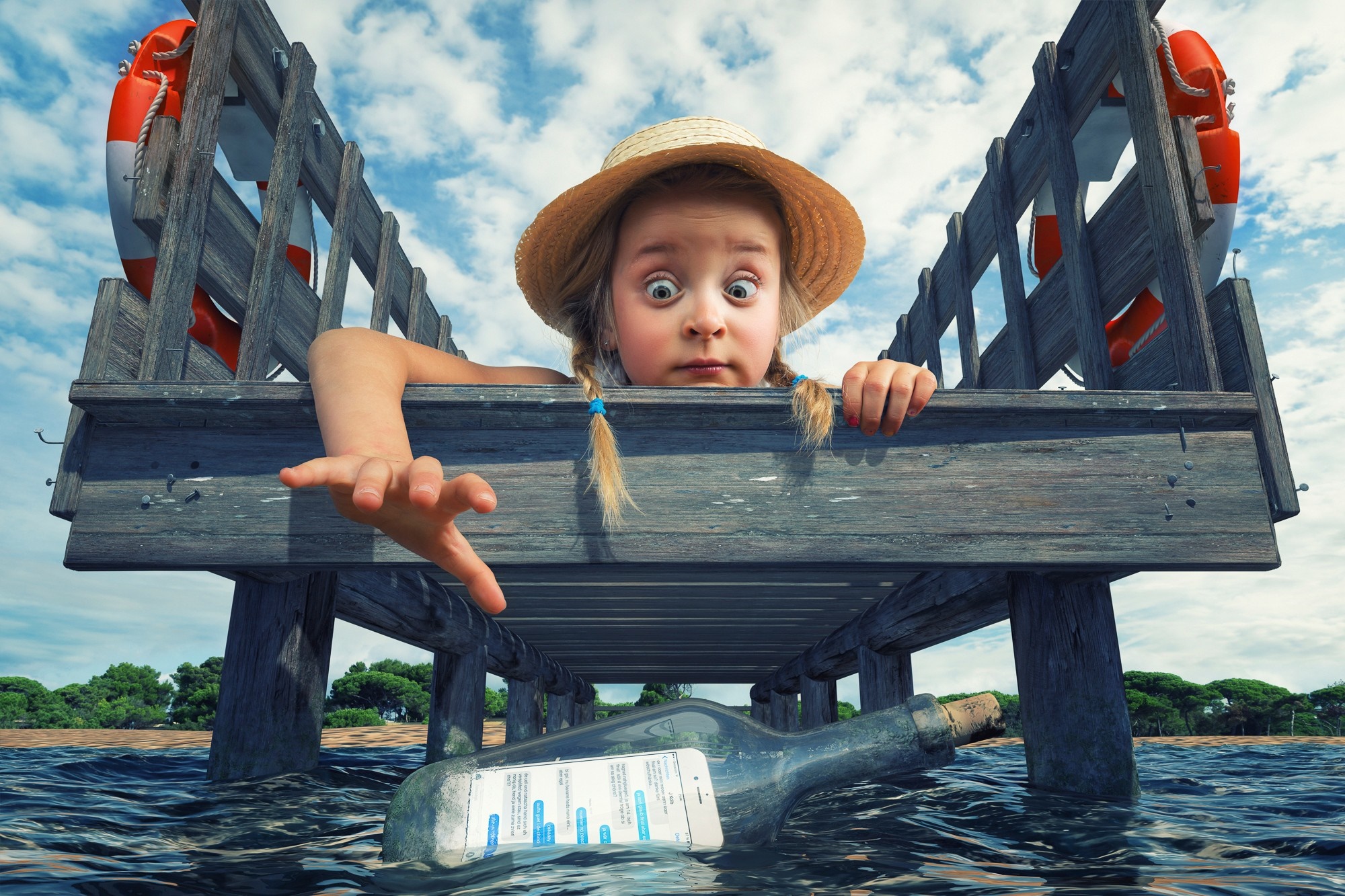 Girl on dock reaching for bottle with phone HD Wallpaper