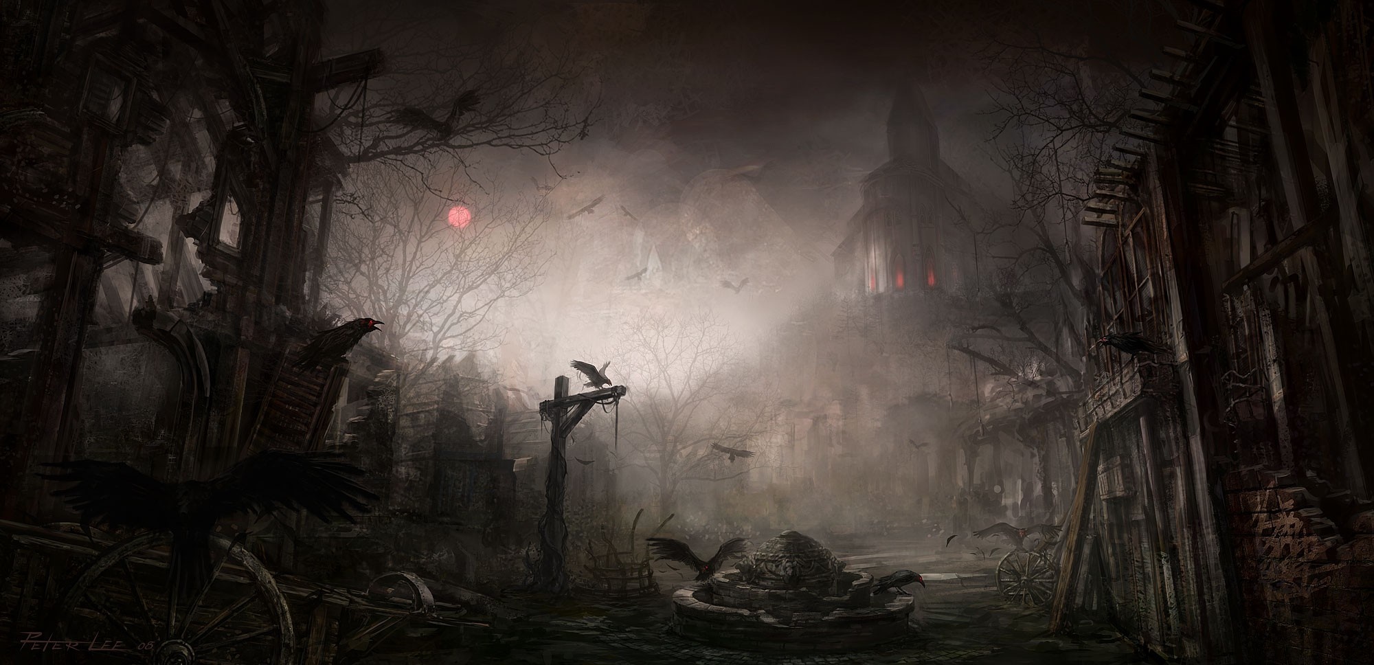 Dark fantasy village with crows and a red moon HD Wallpaper