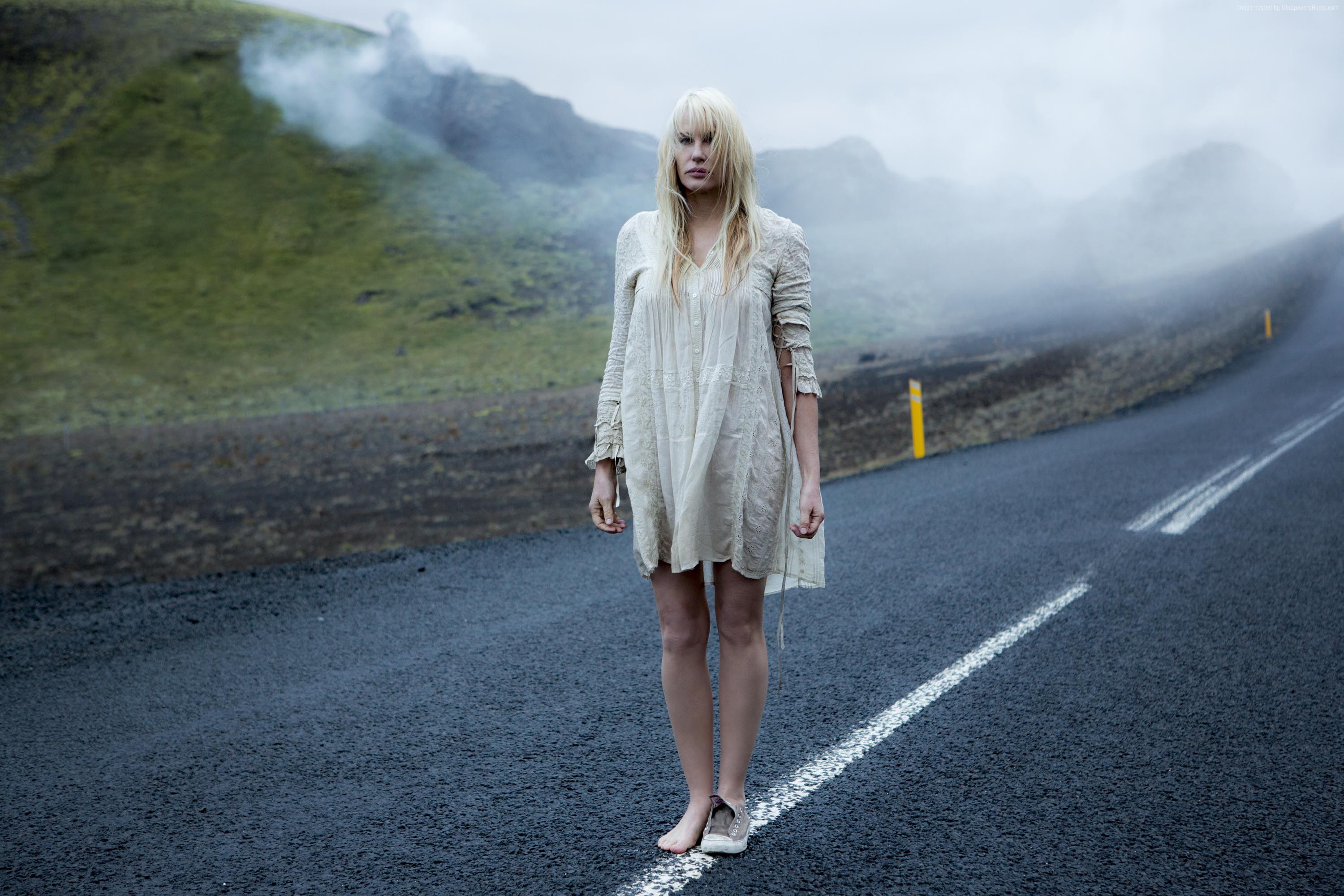 Woman in white dress on a foggy road HD Wallpaper