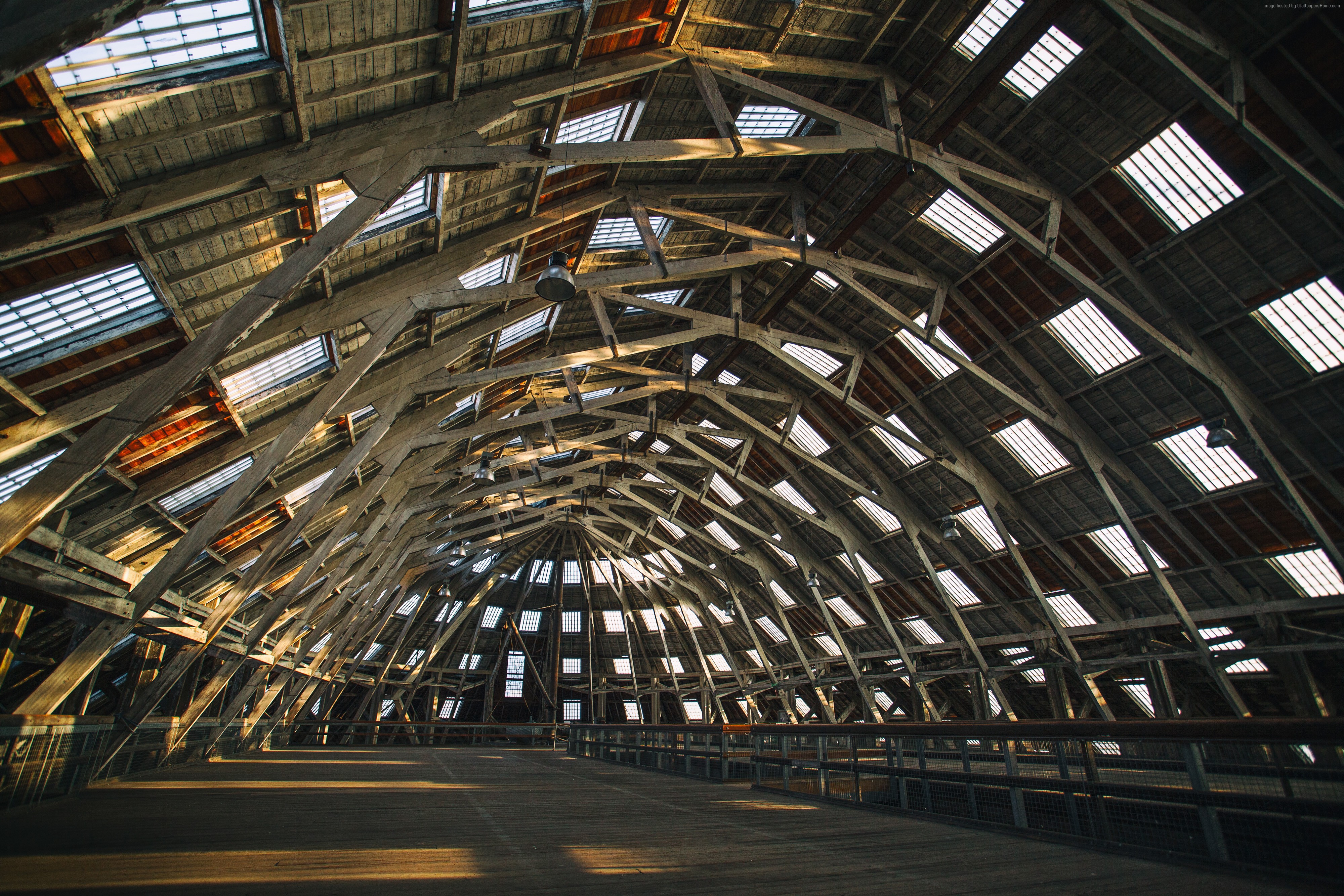 Interior of a wooden building with a domed roof and skylights HD Wallpaper