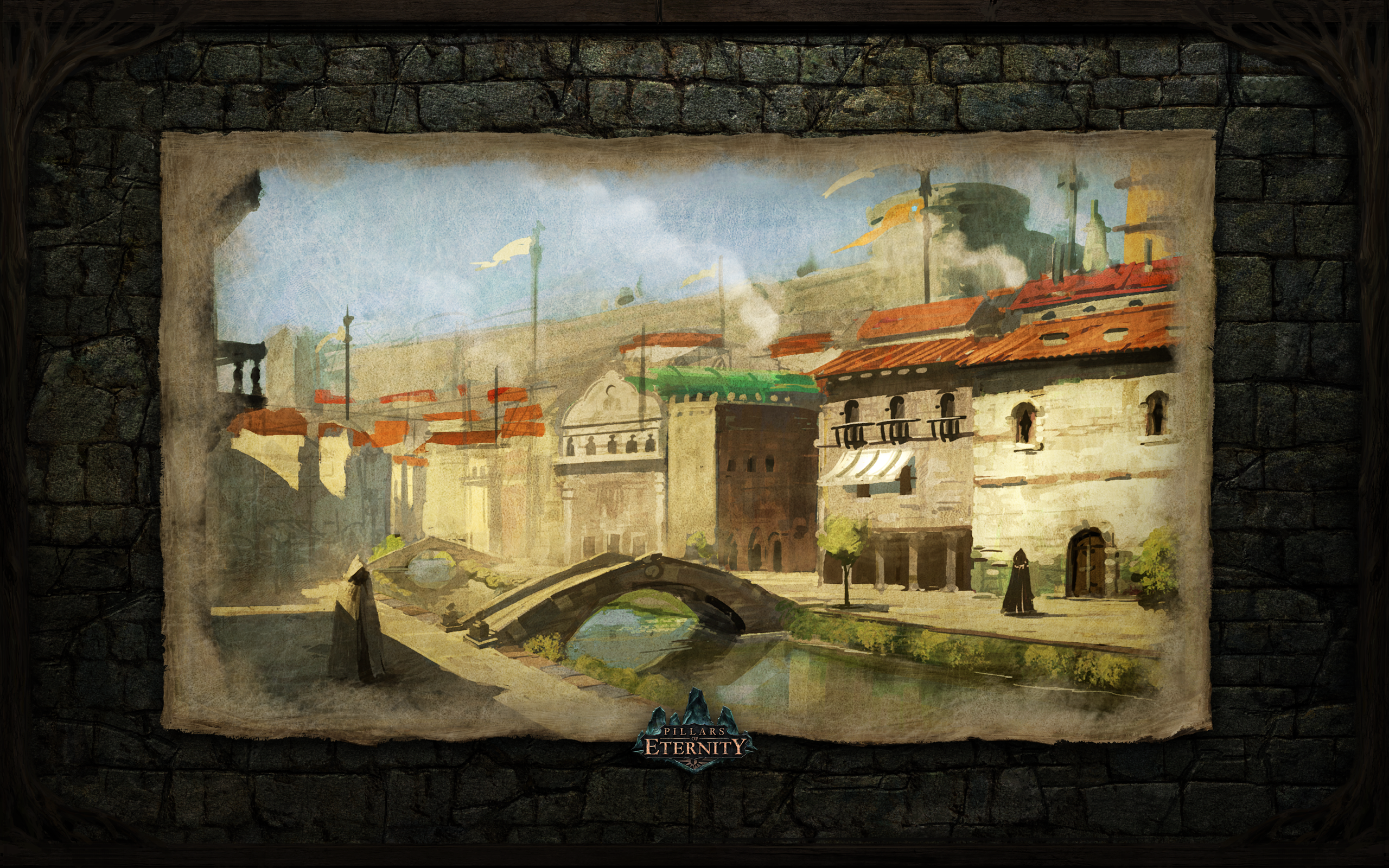 Painting of a canal city from Pillars of Eternity HD Wallpaper