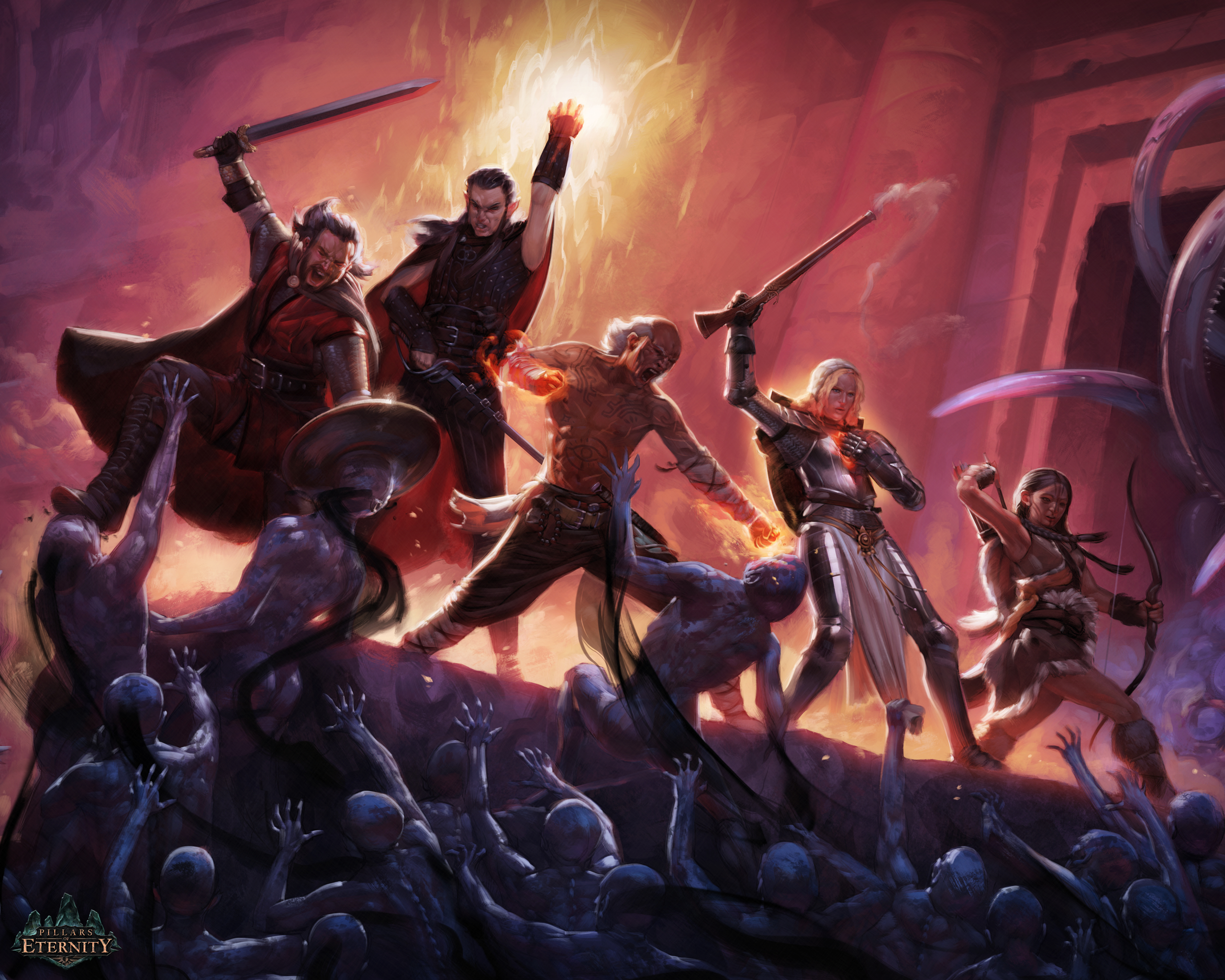 Pillars of Eternity characters fighting undead creatures HD Wallpaper
