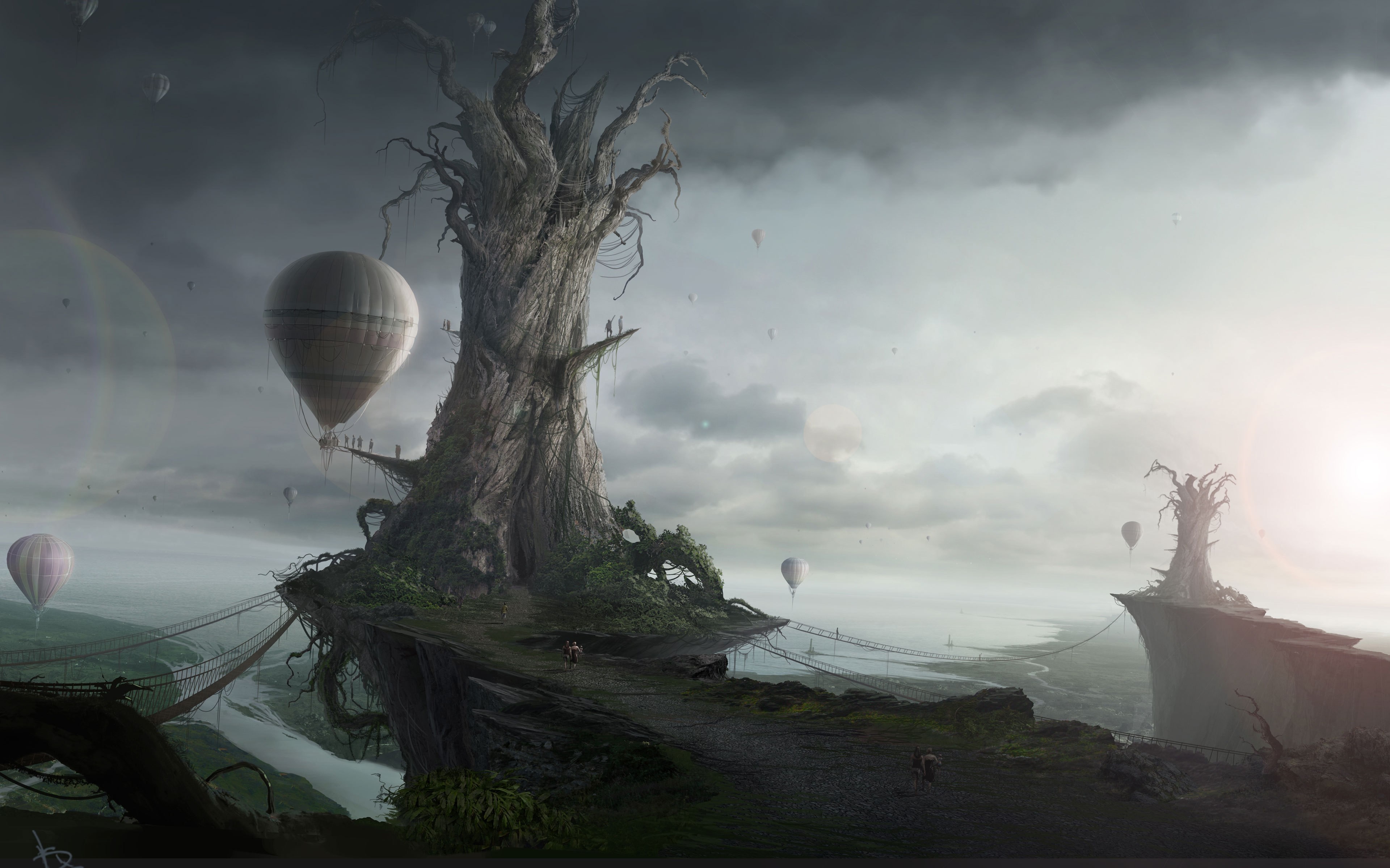 Fantasy landscape with giant tree and hot air balloons HD Wallpaper