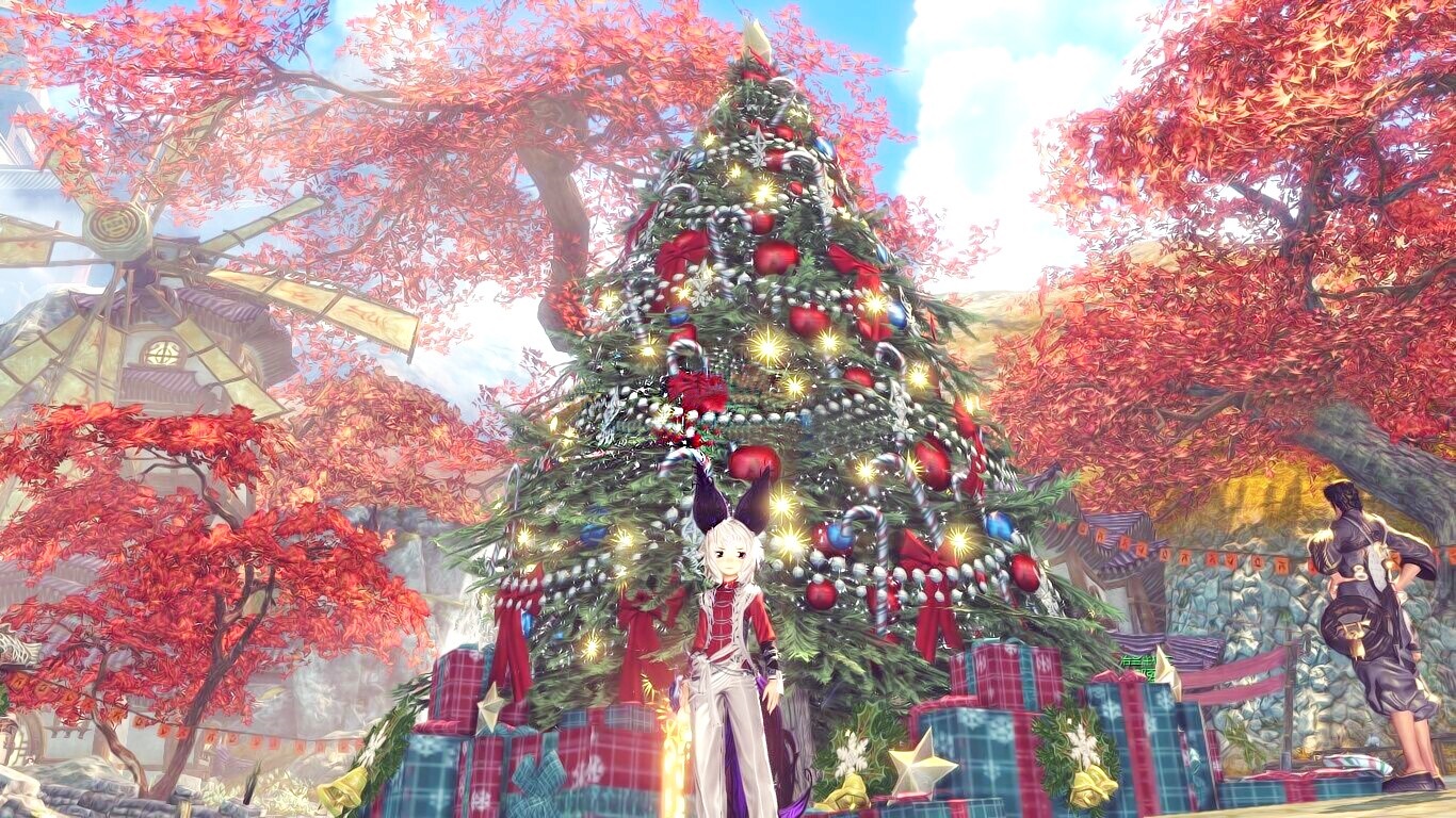 Video game characters by a decorated Christmas tree HD Wallpaper