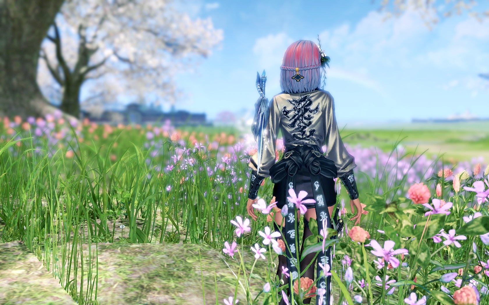 Woman with pink hair in a field of flowers HD Wallpaper