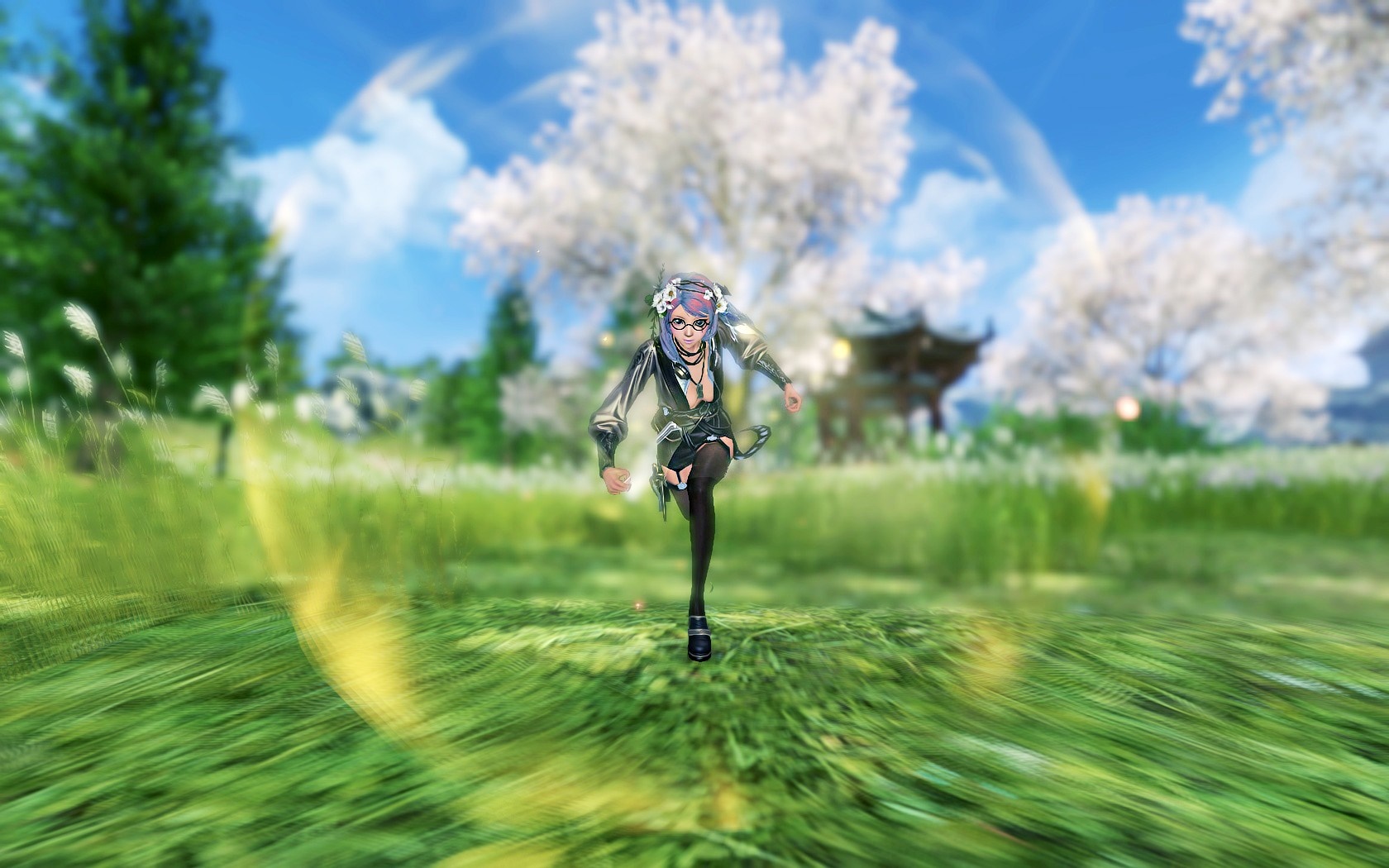 Anime girl with glasses running in a grassy field HD Wallpaper