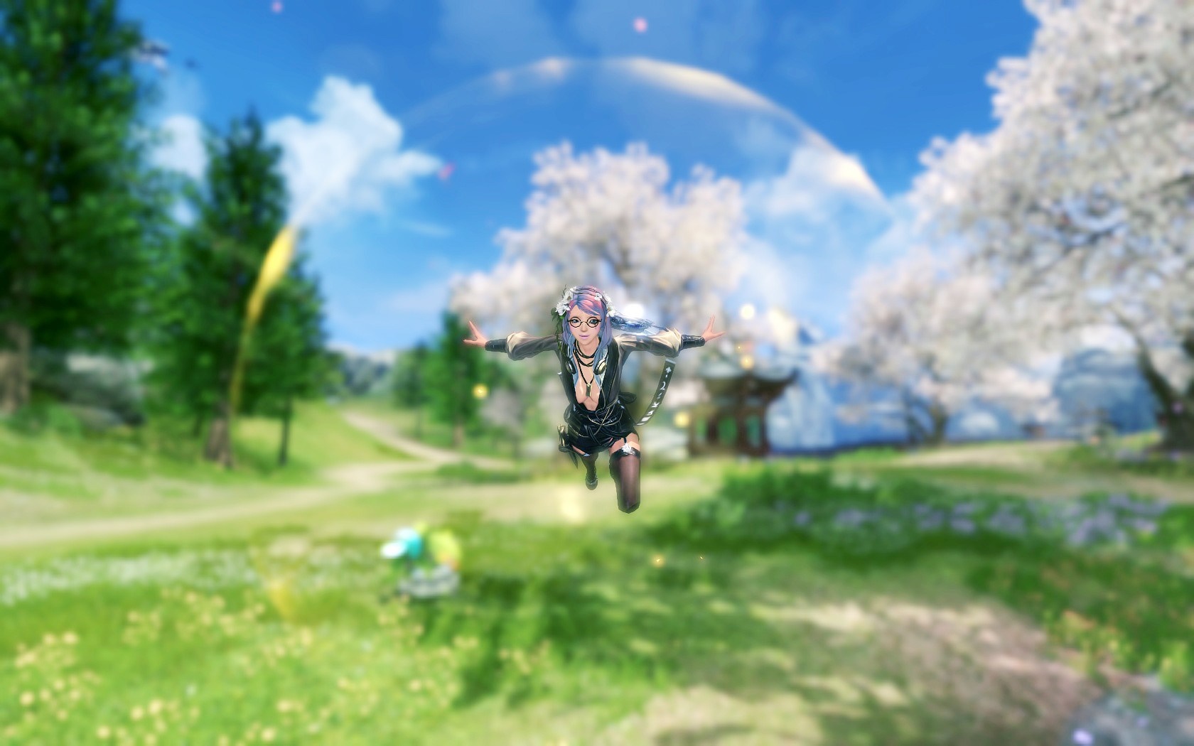 Female character from Blade & Soul flying in a meadow HD Wallpaper