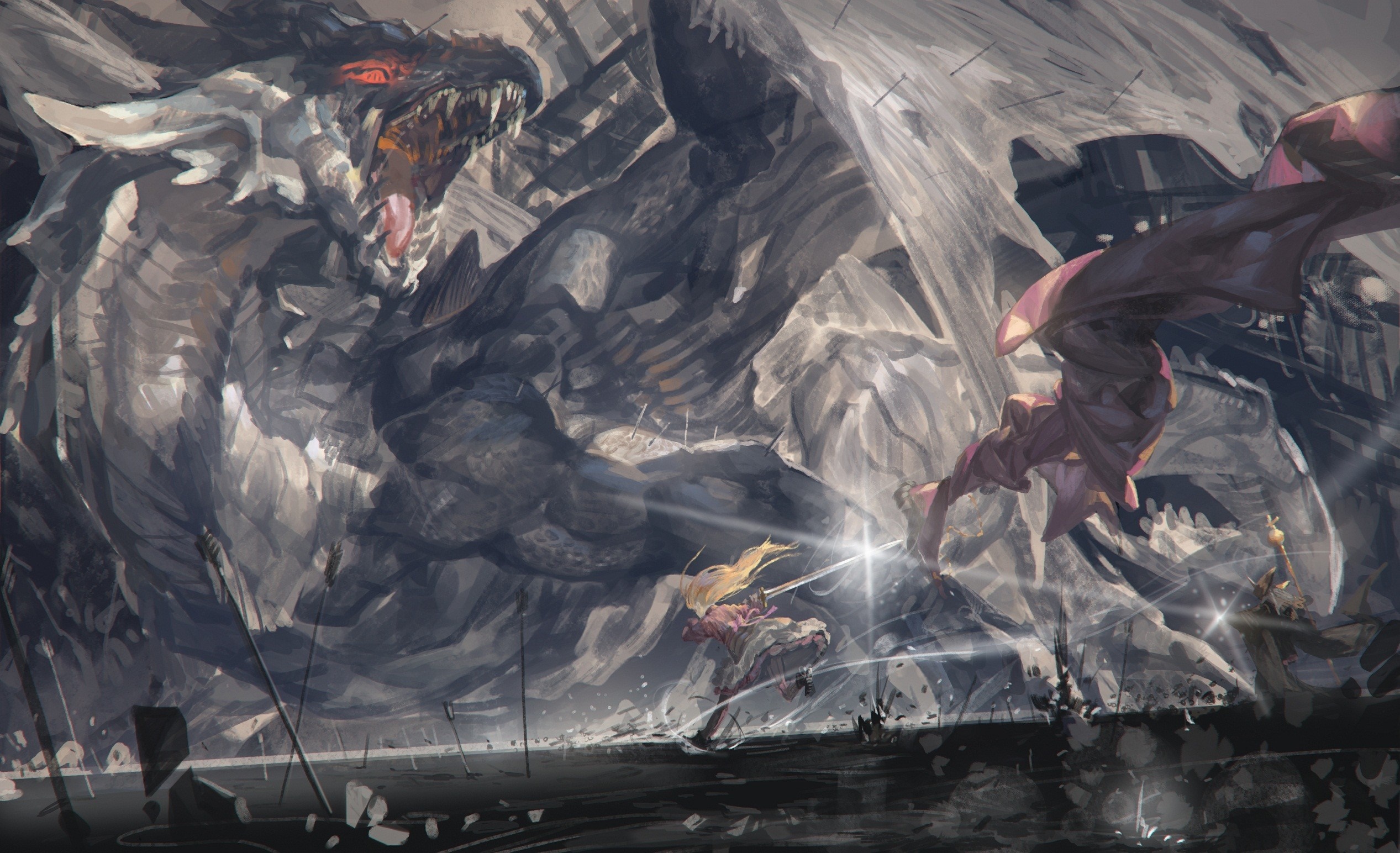 Dragon fighting a girl and a knight HD Wallpaper