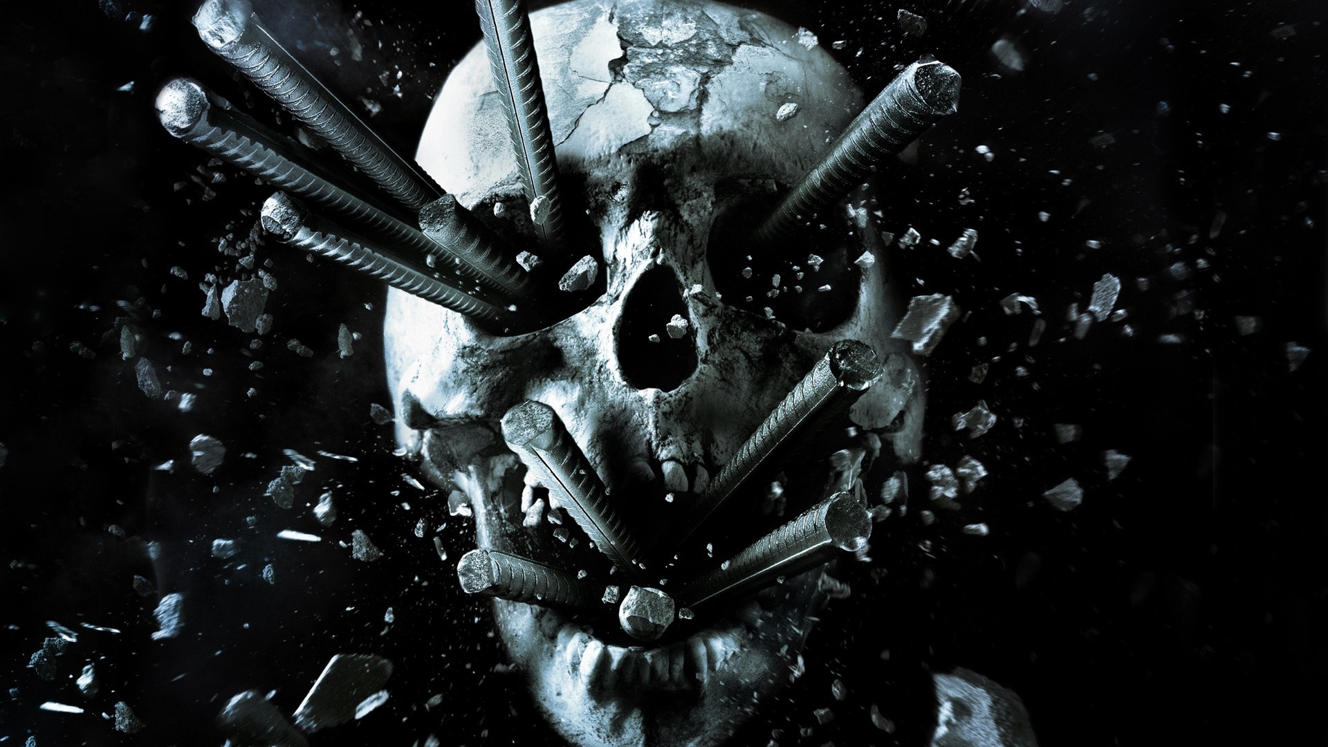 Skull pierced by rebar, exploding HD Wallpaper