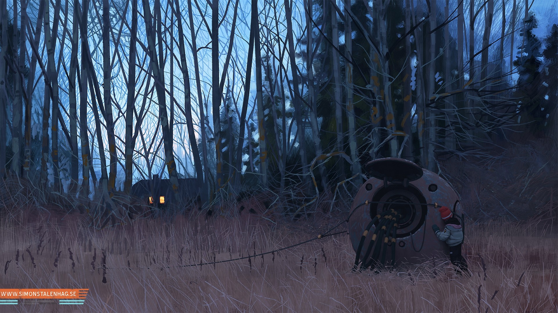 Child interacting with a robot in a dark forest HD Wallpaper