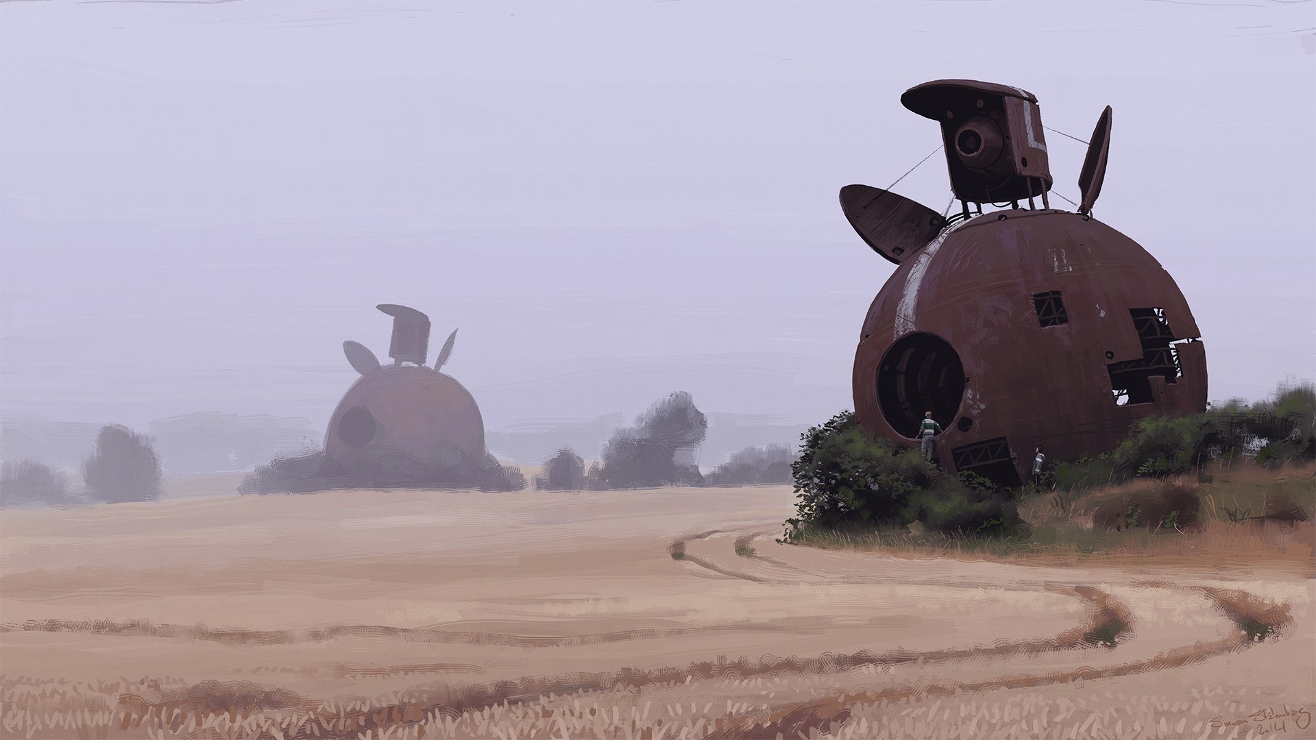 Simon Stalenhag landscape drawing of futuristic structures in a field HD Wallpaper