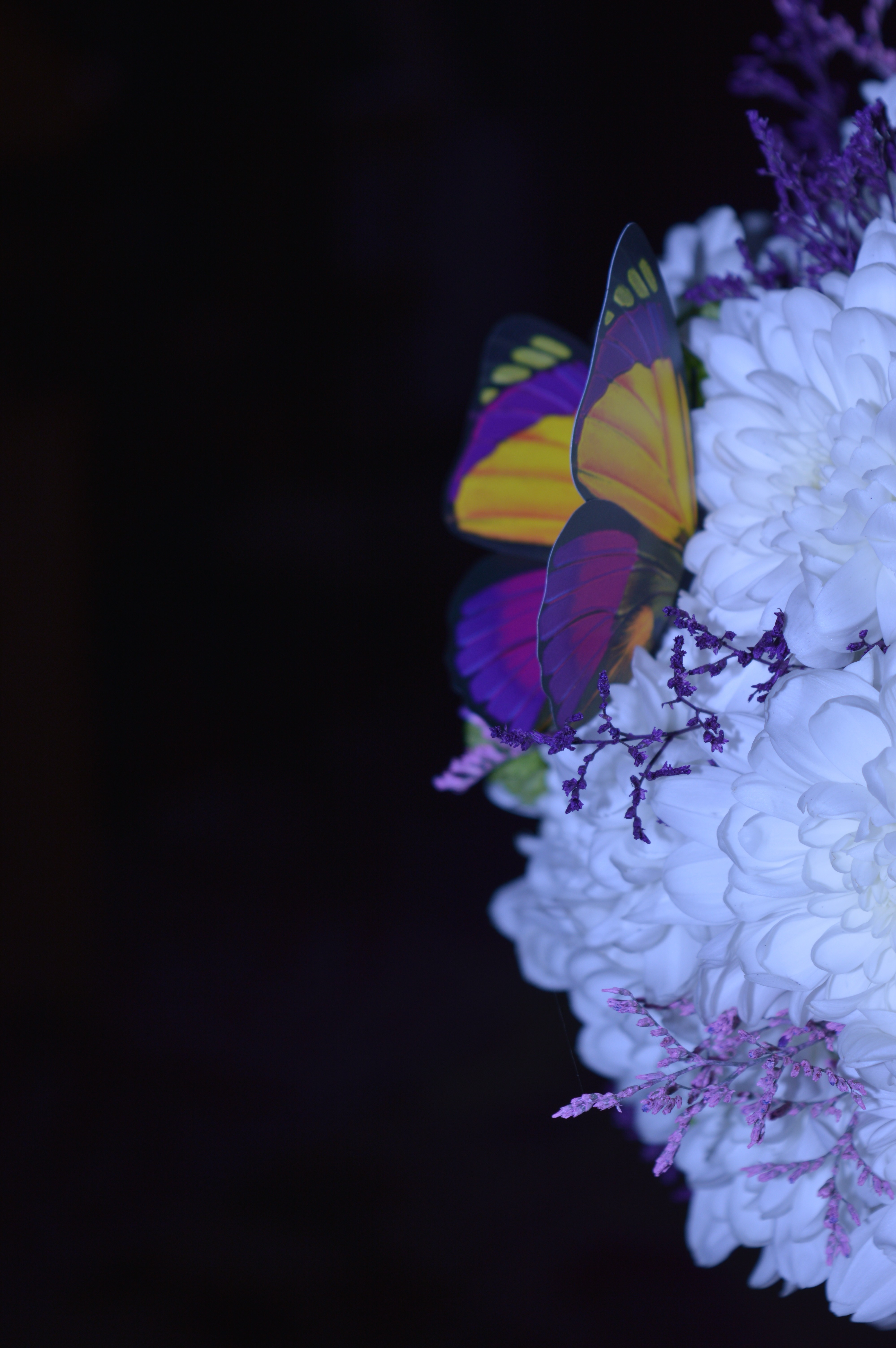 Artificial butterfly on white flowers HD Wallpaper