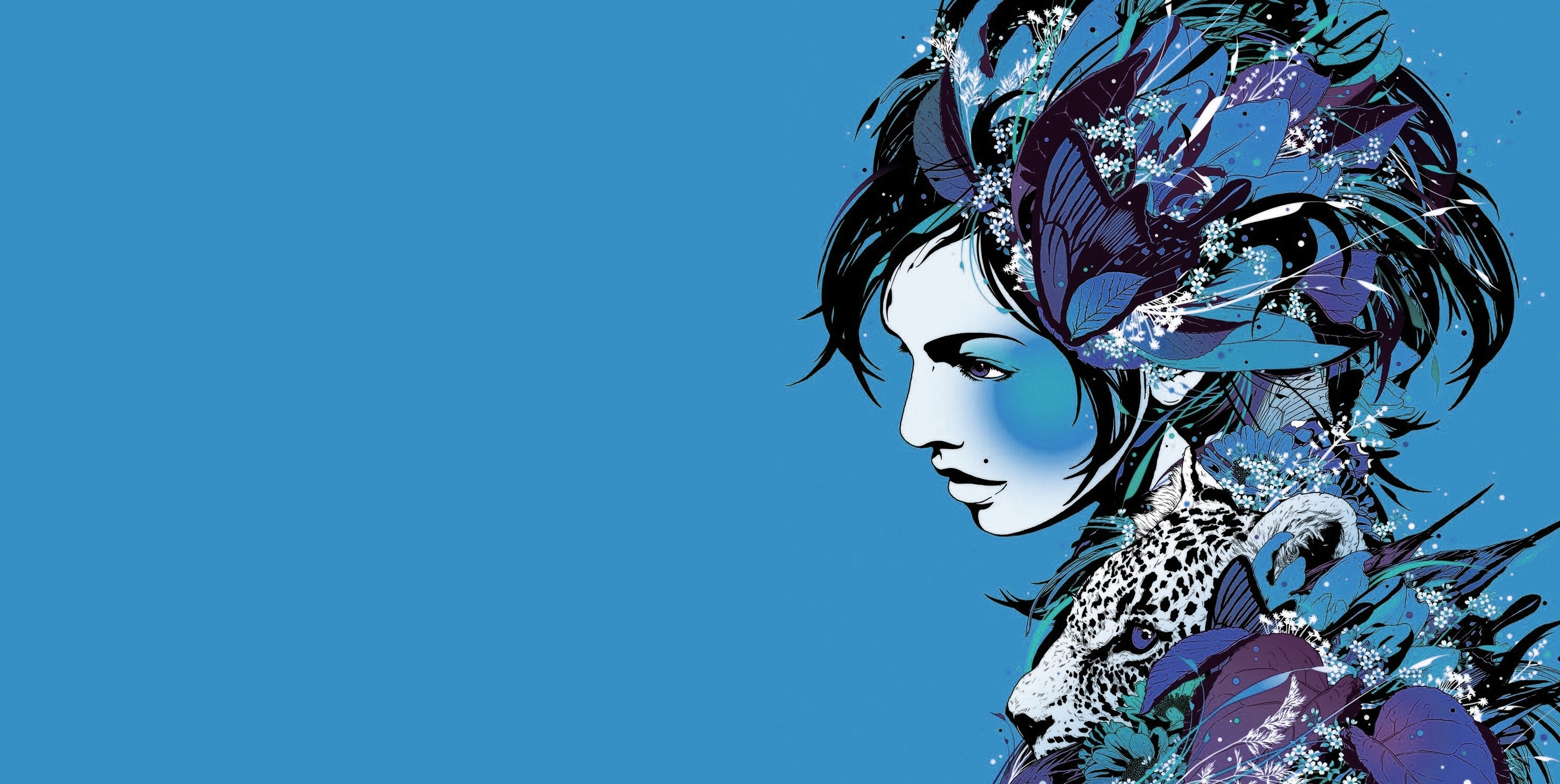Illustration of a woman with floral and jaguar elements HD Wallpaper