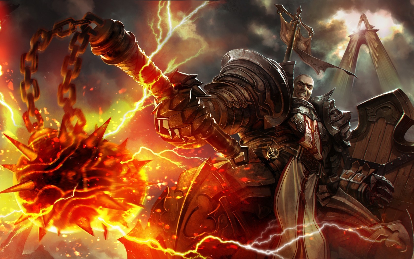Diablo III Crusader with flaming mace and shield HD Wallpaper